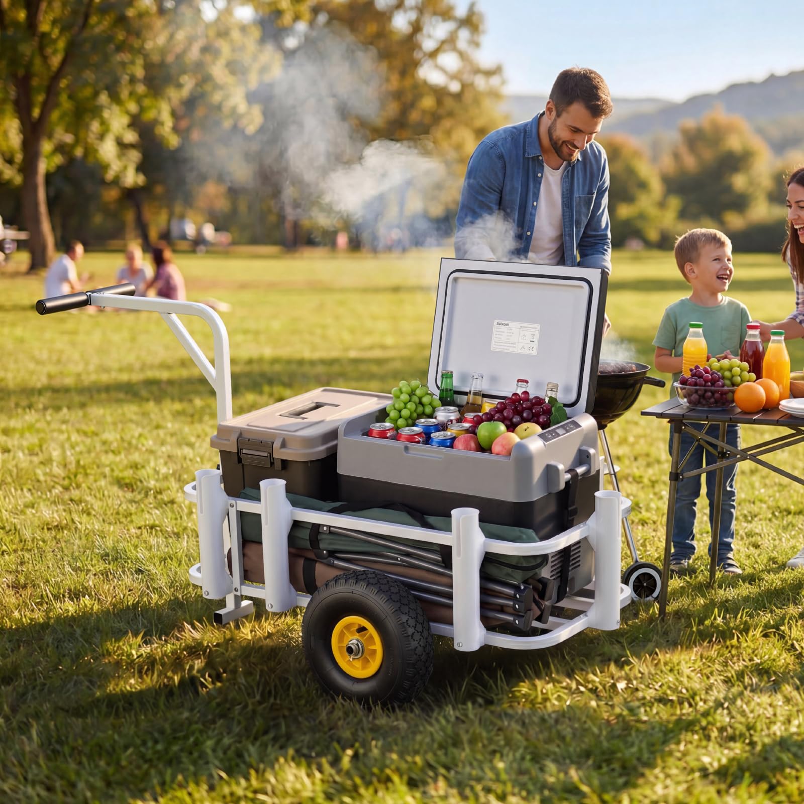 VEVOR Angelwagen Faltbar, 90,7kg Belastbarer Bollerwagen mit Gummireifen, Transportwagen aus Kohlenstoffstahl mit 7 PP-Rutenhaltern, Multifunktionale Transportkarre für Angeln Camping Strand Outdoor