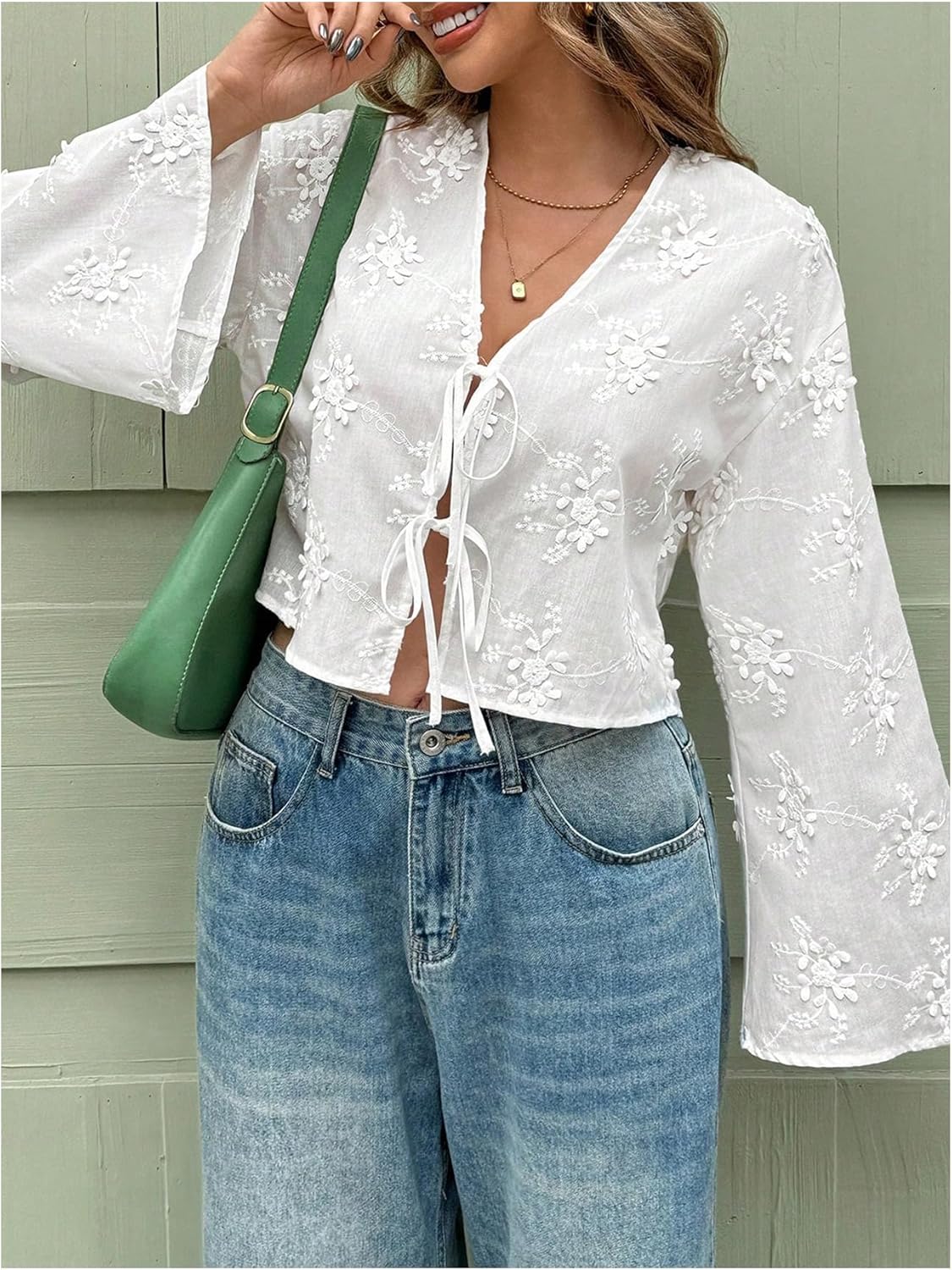 Floerns Women's Cute Tie Front Bell Sleeve Blouse Shirts V Neck Embroidery Loose Crop Tops - Image 4