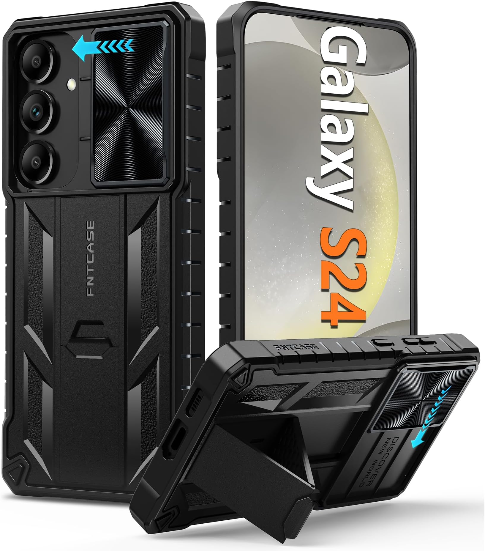 FNTCASEfor Samsung Galaxy S24 Case: Built-in Slide Camera Cover & Kickstand & Screen Protector Rugged Military Grade Heavy S24 Hard Case Full Protection Shockproof Protective Samsung S24 Case Black