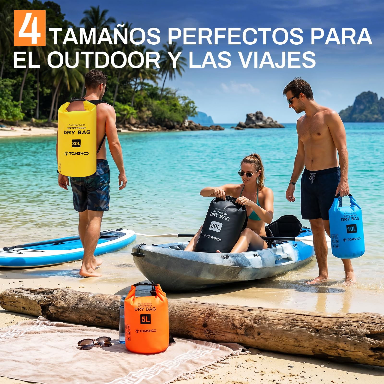 TOMSHOO Dry Bag - Juego de 4 bolsas impermeables de 5 l, 10 l, 20 y 30 l, impermeable, con tapa enrollable y correa para el hombro, tamaño versátil para kayak, barco, SUP, playa, camping
