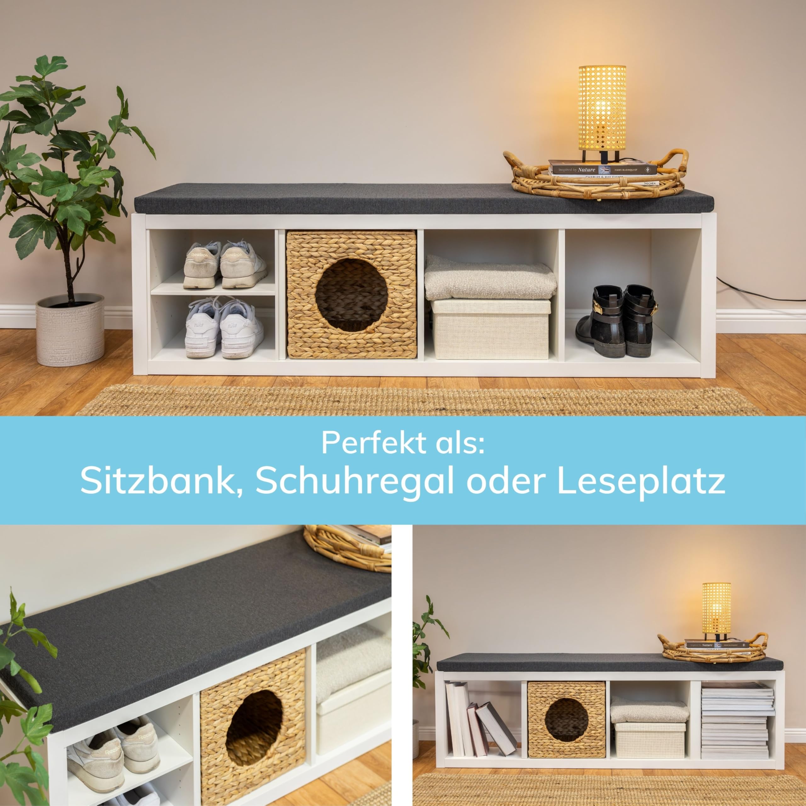 Sitzauflage Kallax Regal | Sitzpolster | Polsterauflage | Sitzkissen fürs 4er Kallax | Auflage für Sideboard als Sitzbank | Unempfindlicher Stoffbezug | 146 x 39 x 4 cm | Dunkelgrau, Anthrazit