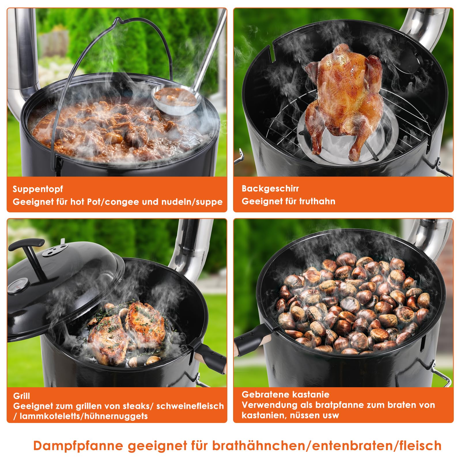 TLSUNNY Gulaschkanone 17L+8L Emailliert Eintopfofen mit 85cm Kamin Thermometer für Outdoor