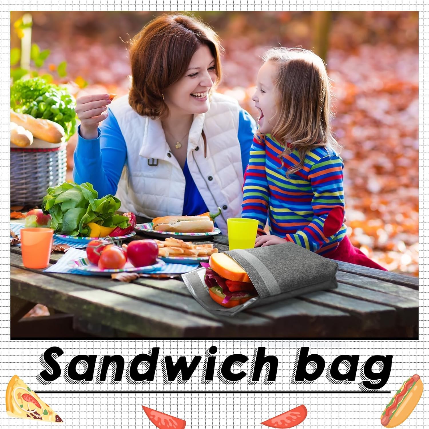 Qinyoung 3 Pcs Insulated Sandwich Bag Reusable Snack Bags 8.6'' x 8.6'' x 2.55'' Washable Insulated Pouch Small Thermal Lunch Bags for Work, Travel, Office, Back to School Classroom(Light Gray)