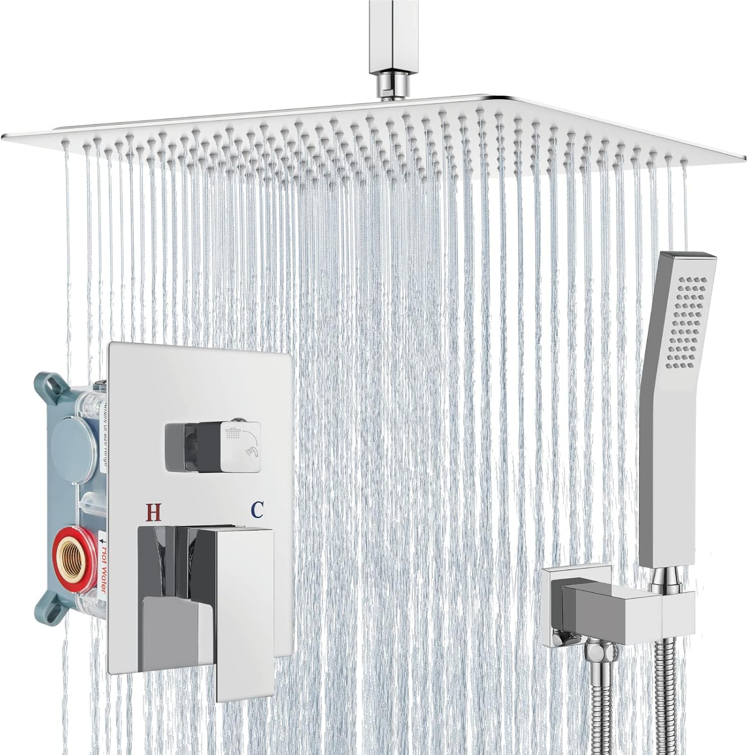 Aolemi Ceiling Mount Shower System Rain Shower Head with Handheld Spray High Pressure Shower Faucet Set Rough-in Valve Shower Trim Kit Included Bathroom Polish Chrome 16 Inch Ceiling Shower Head