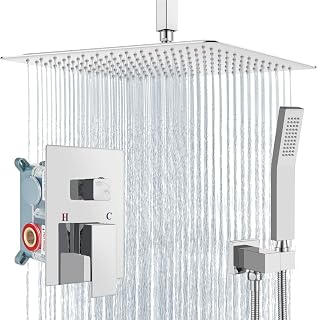 Ceiling Mount Shower System Rain Shower Head with Handheld Spray High Pressure Shower Faucet Set Rough-in Valve Shower Trim Kit Included Bathroom Polish Chrome 16 Inch Ceiling Shower Head