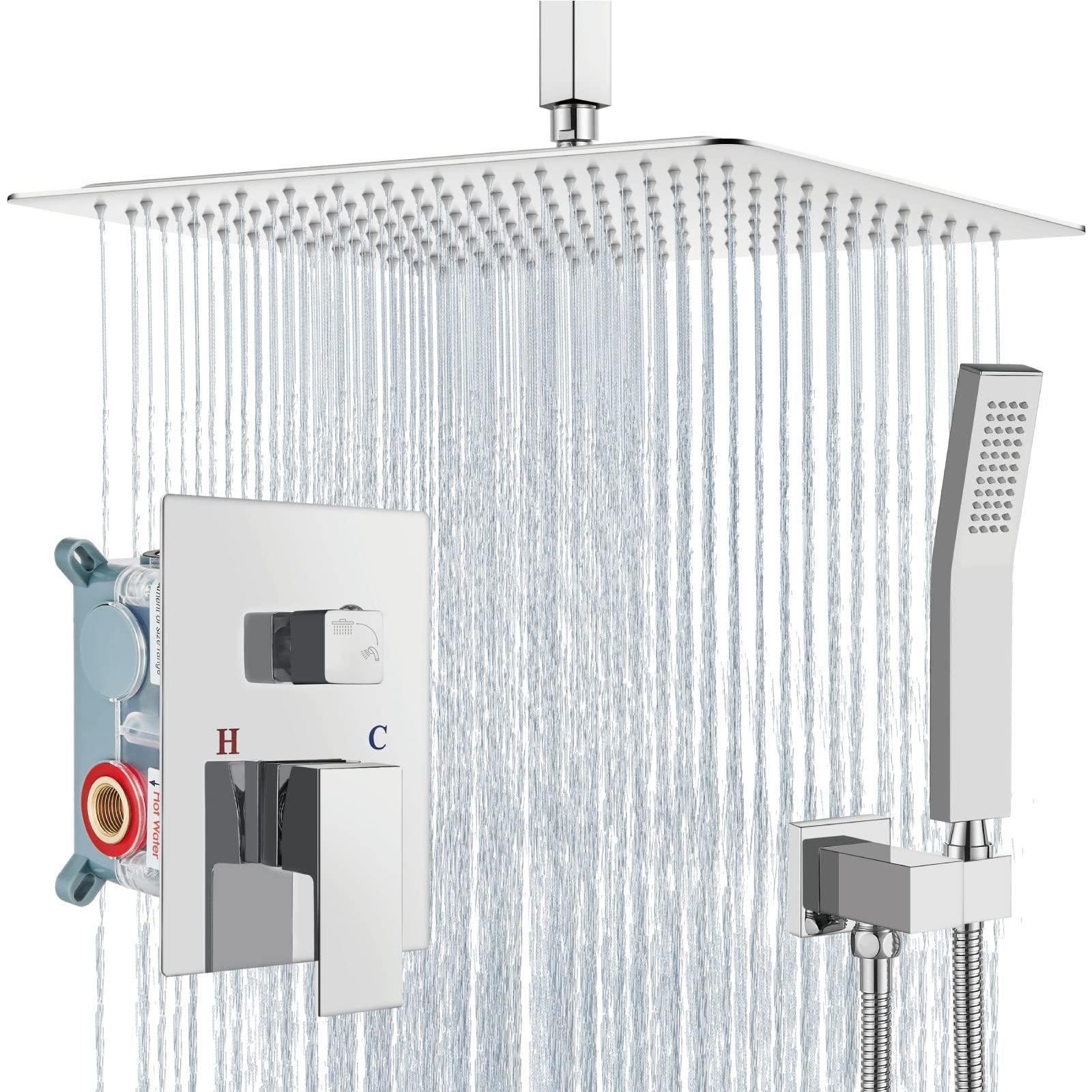 Aolemi 16 Inch Shower System Polish Chrome Ceiling Mount Rainfall Shower Head Bathroom Shower Combo Set with Handheld Spray Shower Faucet Rough-in Valve and Shower Trim Included High Pressure