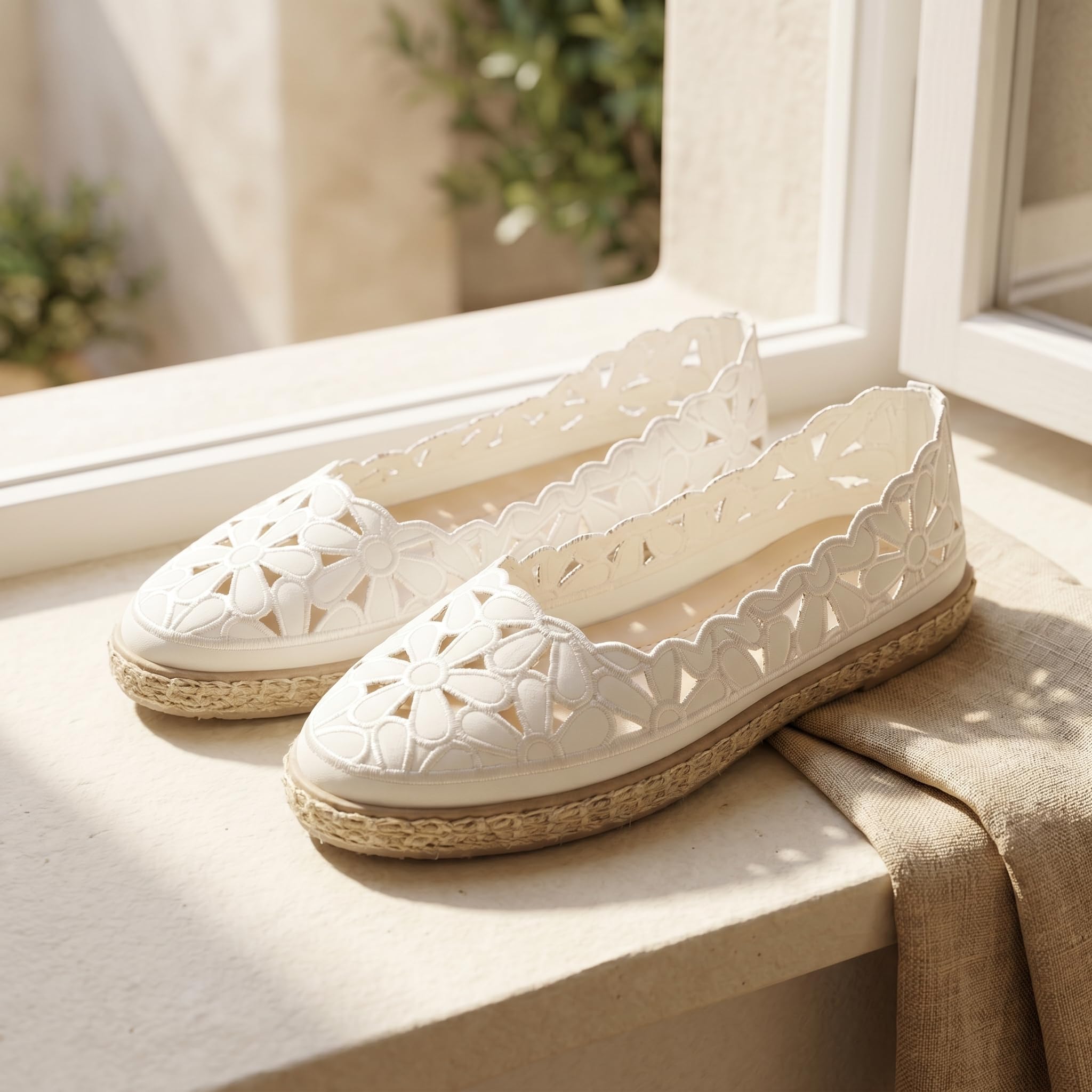 GLAMORA Alpargatas Mujer Caladas con Flores Bordadas, Manoletinas Bailarinas con Suela de Esparto, Zapatos Planos Transpirables, Mocasines Mujer Cómodos Primavera Verano