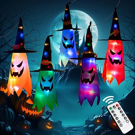 5PCS Halloween Witch Hat Hanging Lighted Glowing Ghost