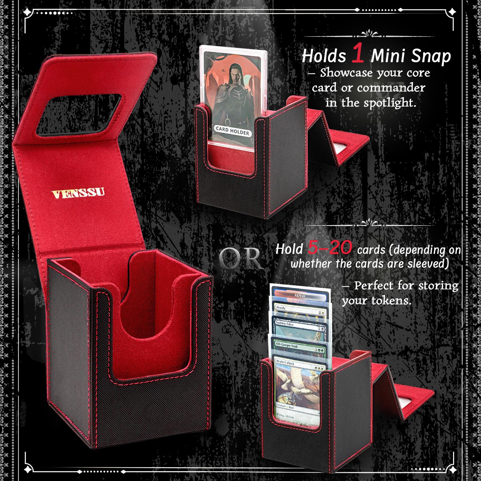 Venssu MTG Deck Box with Front-Facing Commander Display, Card Deck Case Fits 100 Single Sleeved Cards, PU Leather Magnetic Tcg Storage Box with 2 Dividers and 100% UV Protect Mini Snap (Black and Red)