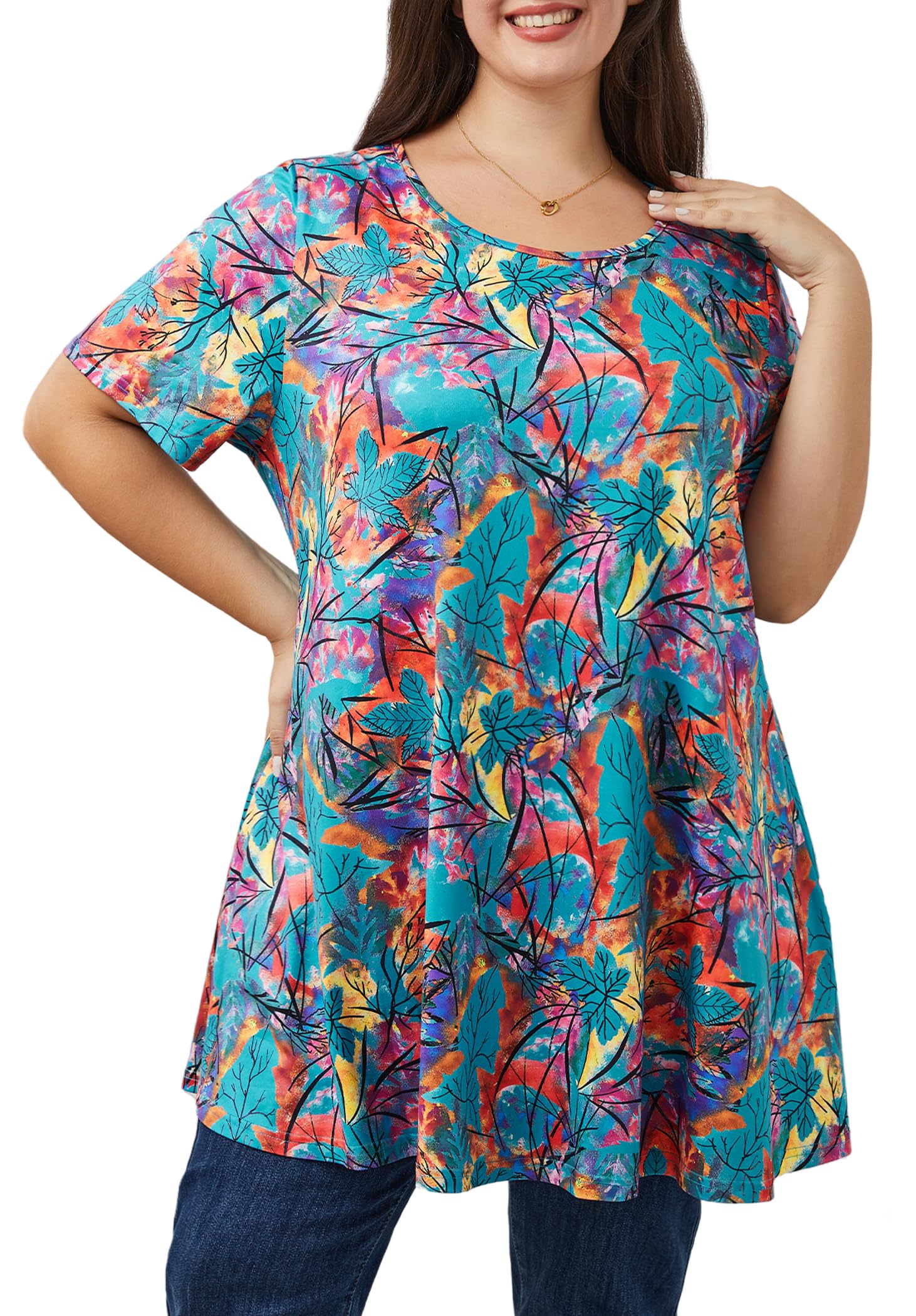 Loveliin Women's Plus Size Tunic Top Short Sleeve Casual Summer Blouse Flowy Swing Flare Tops Loose Fit Shirt XL-6XL