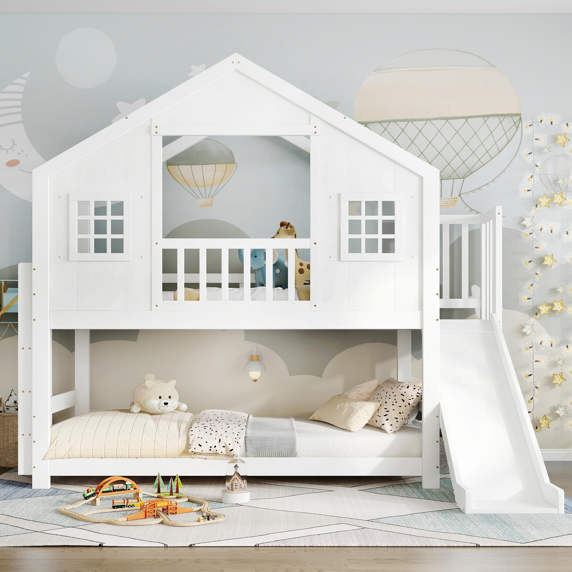 MYBOO Kinderbett Etagenbett 90x200, Hochbett Hausbett mit Rutsche&Leiter&Fenstern&Dach, Stockbett Doppelbett Holzbett Jugendbett Bettgestell mit Lattenrost&Rausfallschutz, Kiefer, Ohne Matratze, Weiß