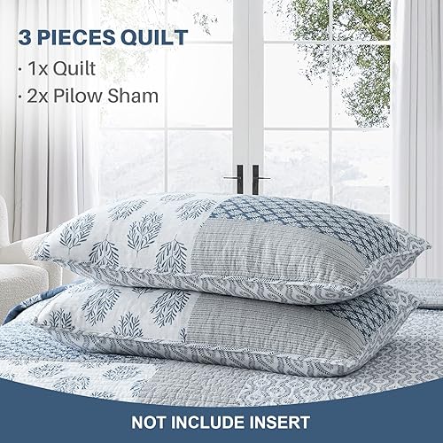 Miniatura 5 de Y-PLWOMEN Edredón tamaño King 100  algodón ligero suave acolchado azul gris y blanco juego de ropa de cama reversible de retazos para todas las