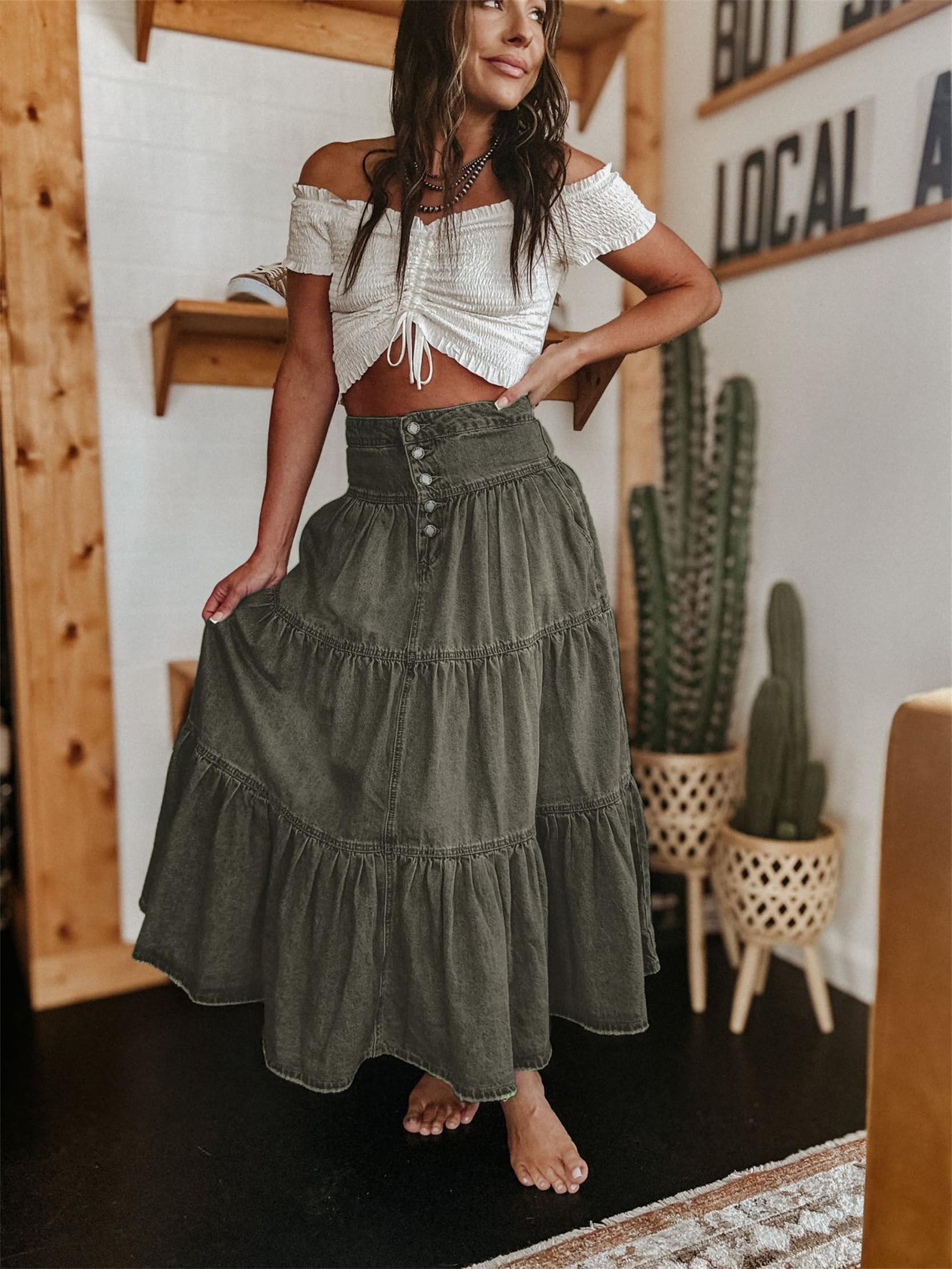 Frauen hohe Taille Langer Jeansrock Sommer-Knopffliege Stufe Rüschenschwingen fließende A-Line-Stufe mit Taschen mit Taschen