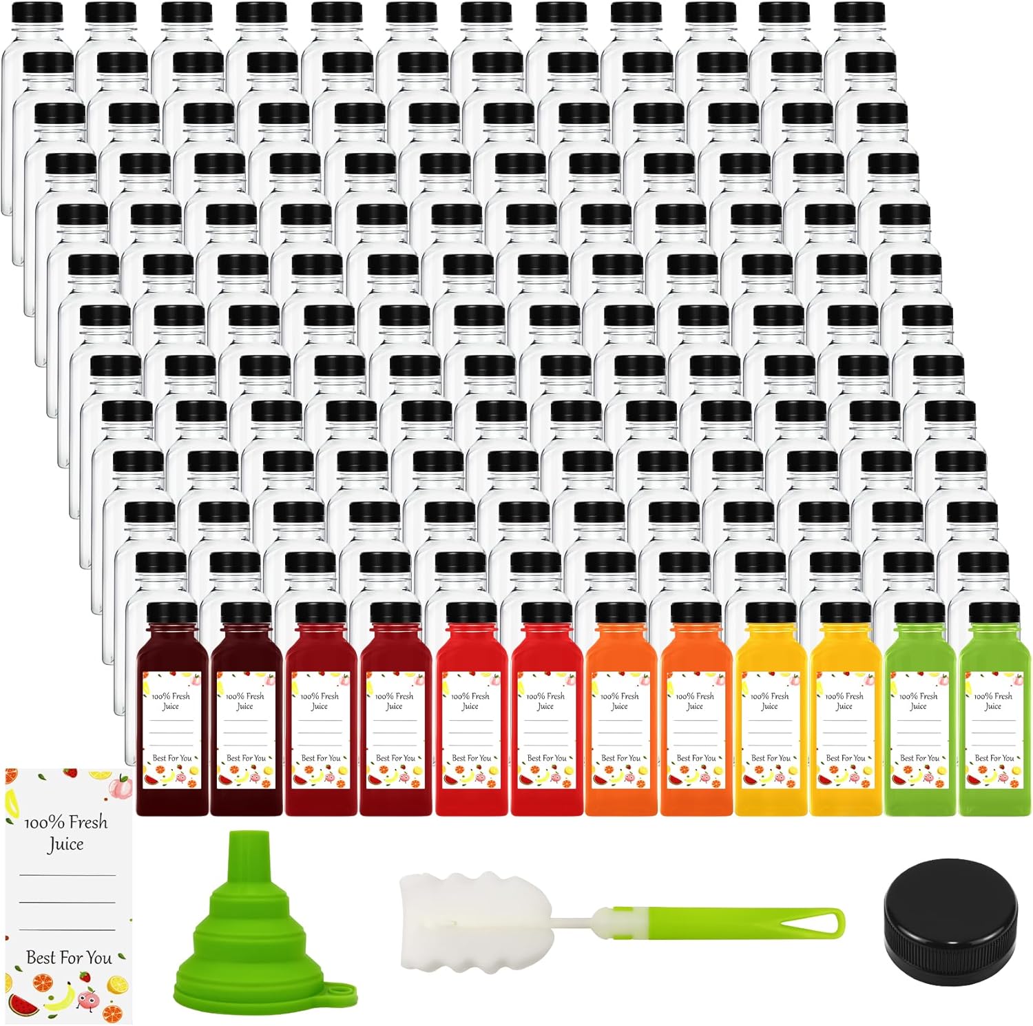 144pcs 12 Oz Plastic Bottles with Lids, Plastic Bottles with Caps, Reusable Clear Bulk Beverage Containers for Juicing, Drinking and Other Beverages, Includes 1 Brush, 1 Funnel, and 144 Stickers