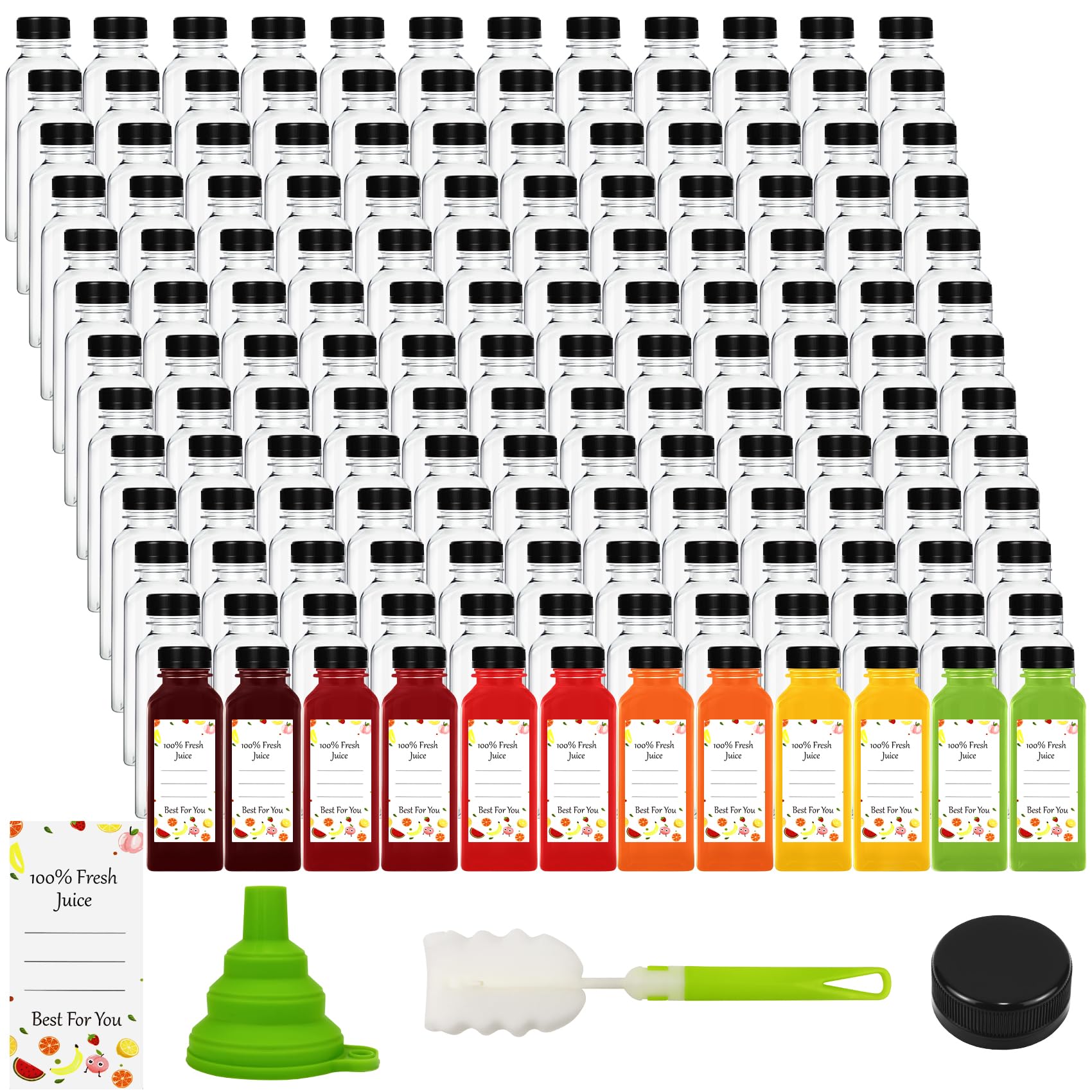 View 1 of 144pcs 12 Oz Plastic Bottles with Lids, Plastic Bottles with Caps, Reusable Clear Bulk Beverage Containers for Juicing, Drinking and Other Beverages, Includes 1 Brush, 1 Funnel, and 144 Stickers