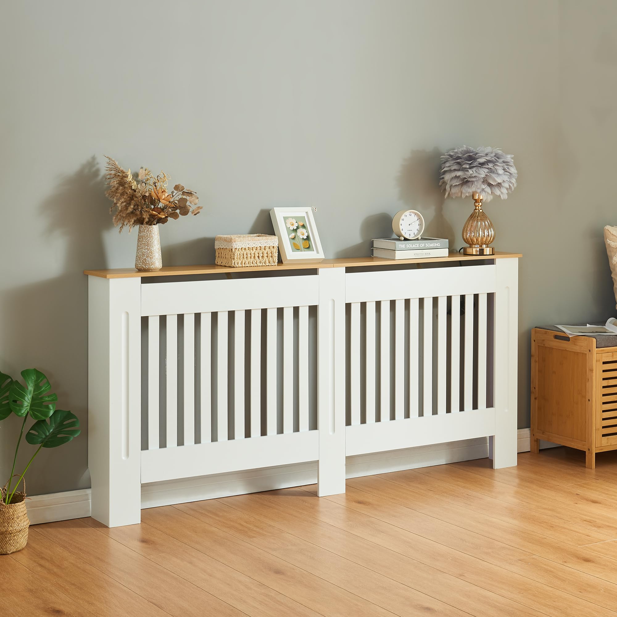 Panana Modern Slatted Radiator Cover, Slatted Cabinet Radiator Covers MDF Wood Cabinet Shelf Heating Covers For Living Room, Hallway (White with Wood Top, XL)