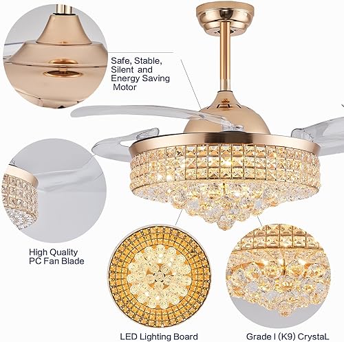 Miniatura 7 de Trssdre Ventilador de techo LED de cristal regulable de 42 pulgadas con luces y control remoto, moderno kit de ventilador de iluminación de techo