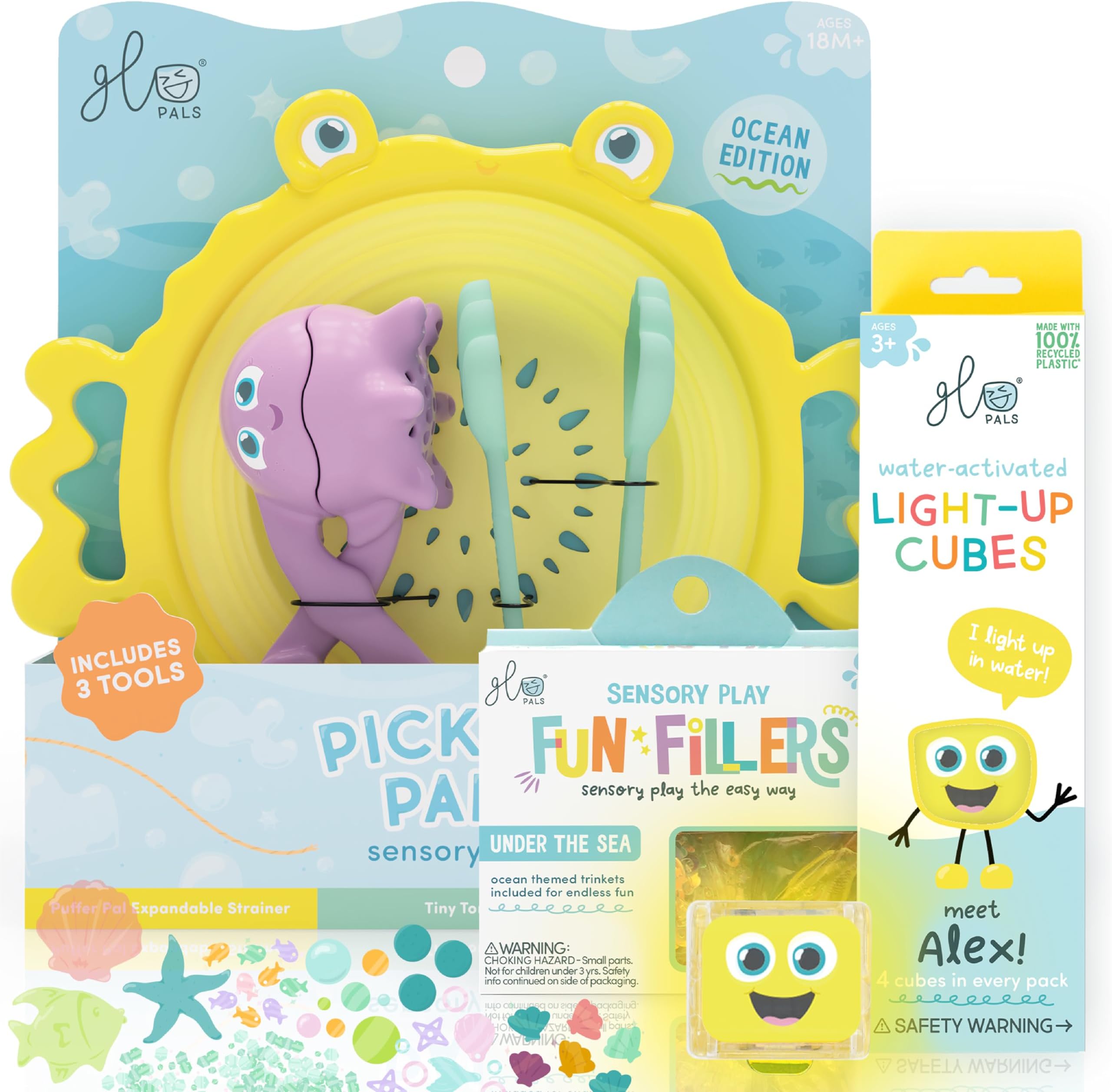 Glo Pals Fine Motor Tools Sensory Play Pack Bundle with Pick-Up Pals Sensory Tools, Yellow Alex Light-Up Cubes, & Under the Sea Fun Fillers (Fun in the Sun)