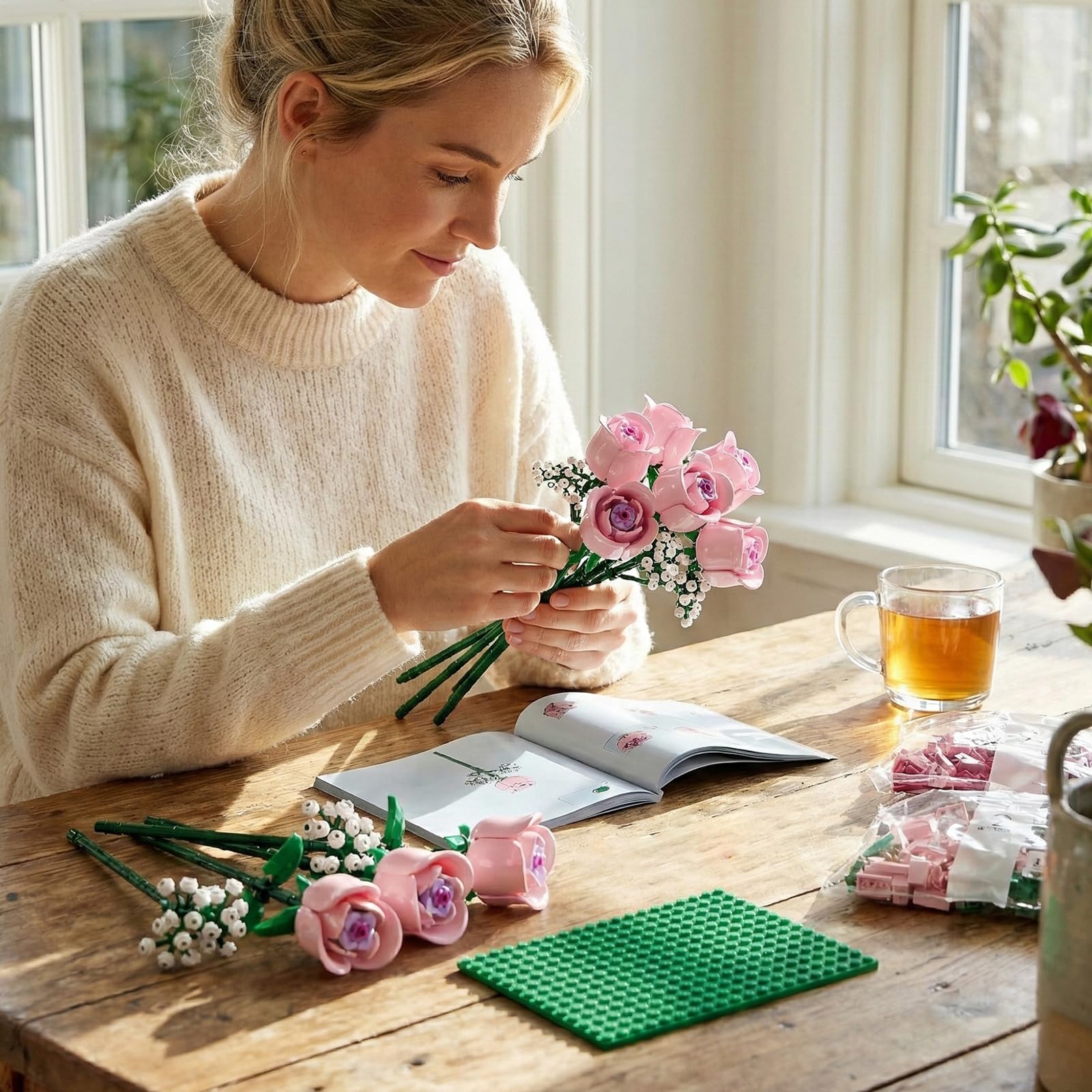 Rosa Rosen Blumenstrauß Klemmbausteine mit Schleierkraut, Künstliche Blumen Botanische Kollektion, Geschenk für Frauen zum Muttertag, Ästhetische Raumdeko