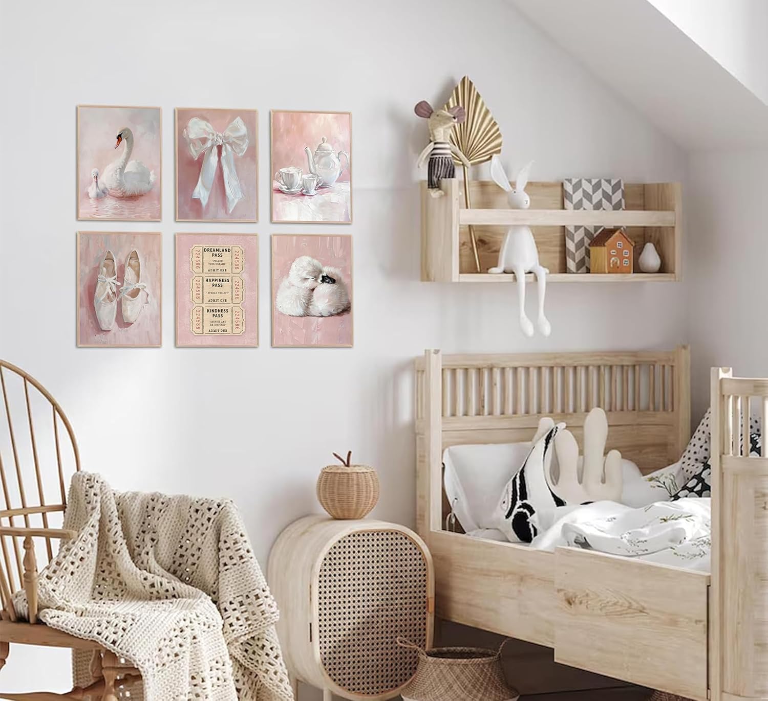 6Pcs Pink Vintage Swan Nursery Wall Art Ballerina Shoes and Bow Painting Picture Wall Decor Retro Tickets and Coffee Cups Preppy Posters Prints Artwork for Girls Room Gallery Dorm Apartment Kids Room