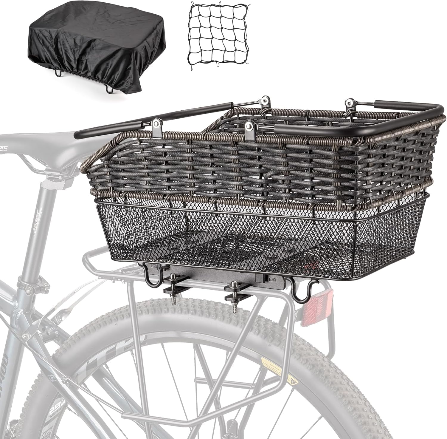 CXWXC Hinterer Fahrradkorb mit Griff – Schnell Abnehmbarer Fahrrad Heckkorb mit Gepäcknetz und wasserdichter Abdeckung, großer Drahtkorb für das Fahrradheck