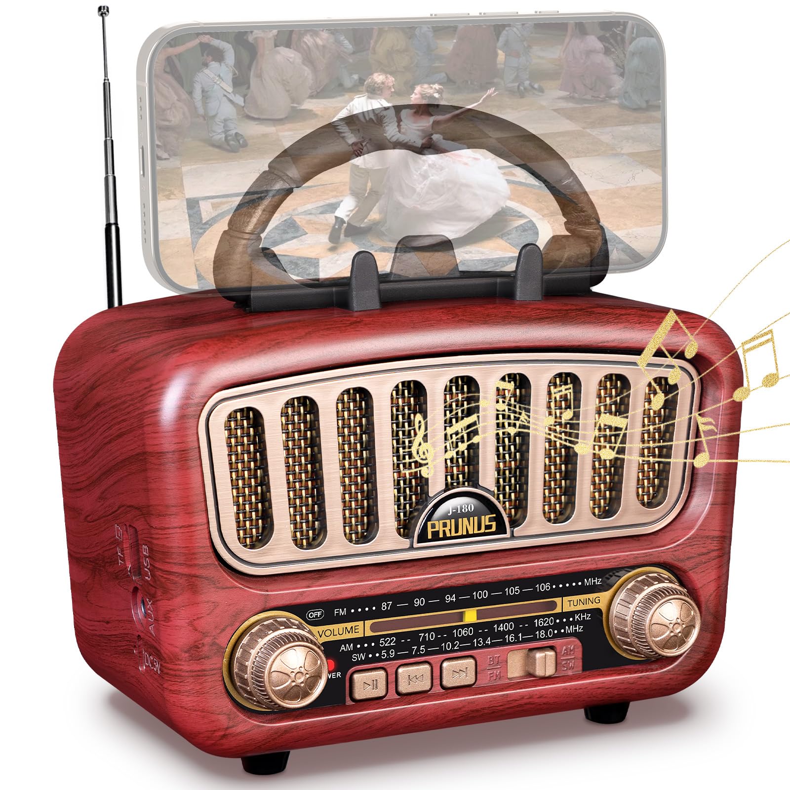 PRUNUS J-180 Retro Radio, Bluetooth Speaker with Stereo Sound, AM FM Radio, Portable with Loud Volume, BT5.0, TF Card and MP3 Player, Rechargeable Speaker