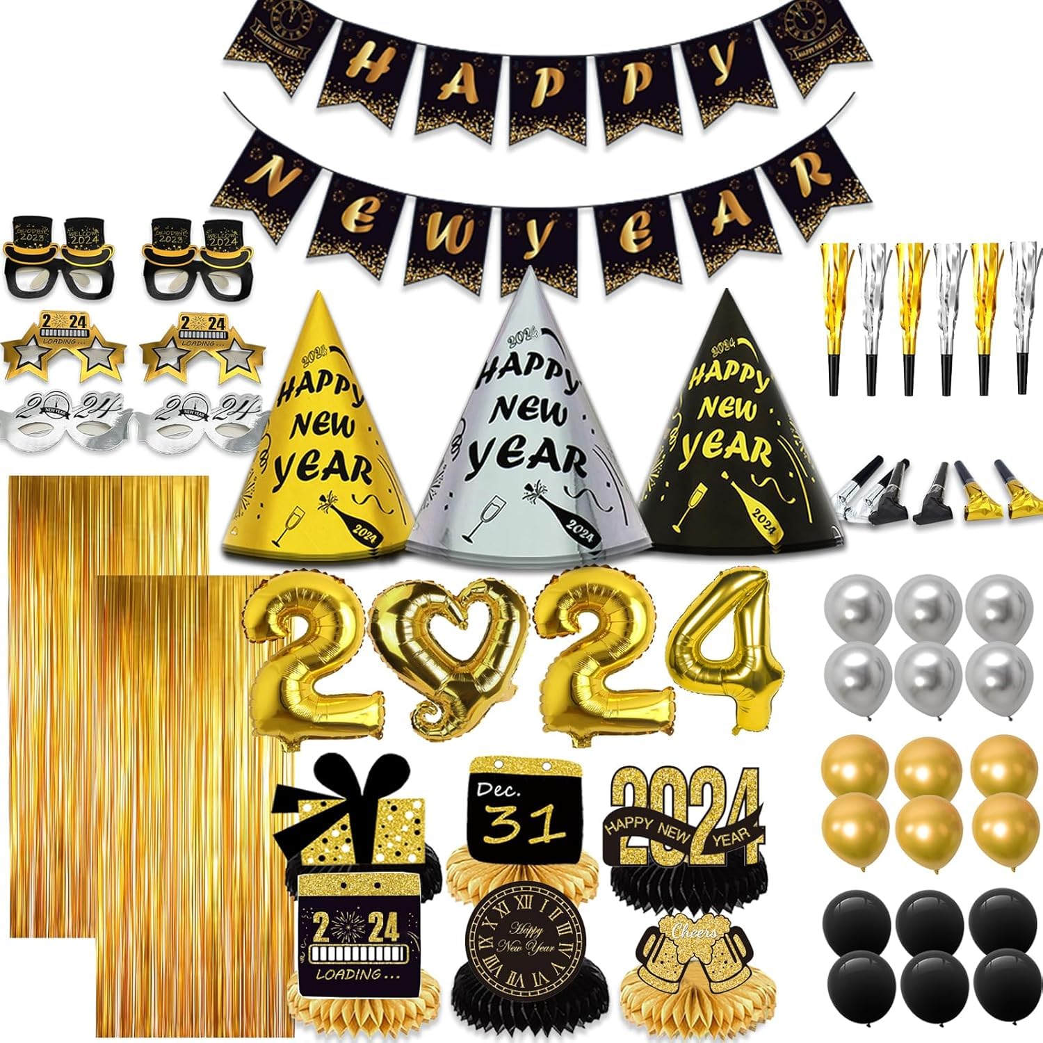 KINNJAS New Years Eve Party Supplies 2024 for 12, New Years Eve Party Decorations, 6 Hat, 6 Glasses, 12 blowouts, 6 Table Centerpiece, 2 Foil Fringe Curtains, 18 Play Balloons