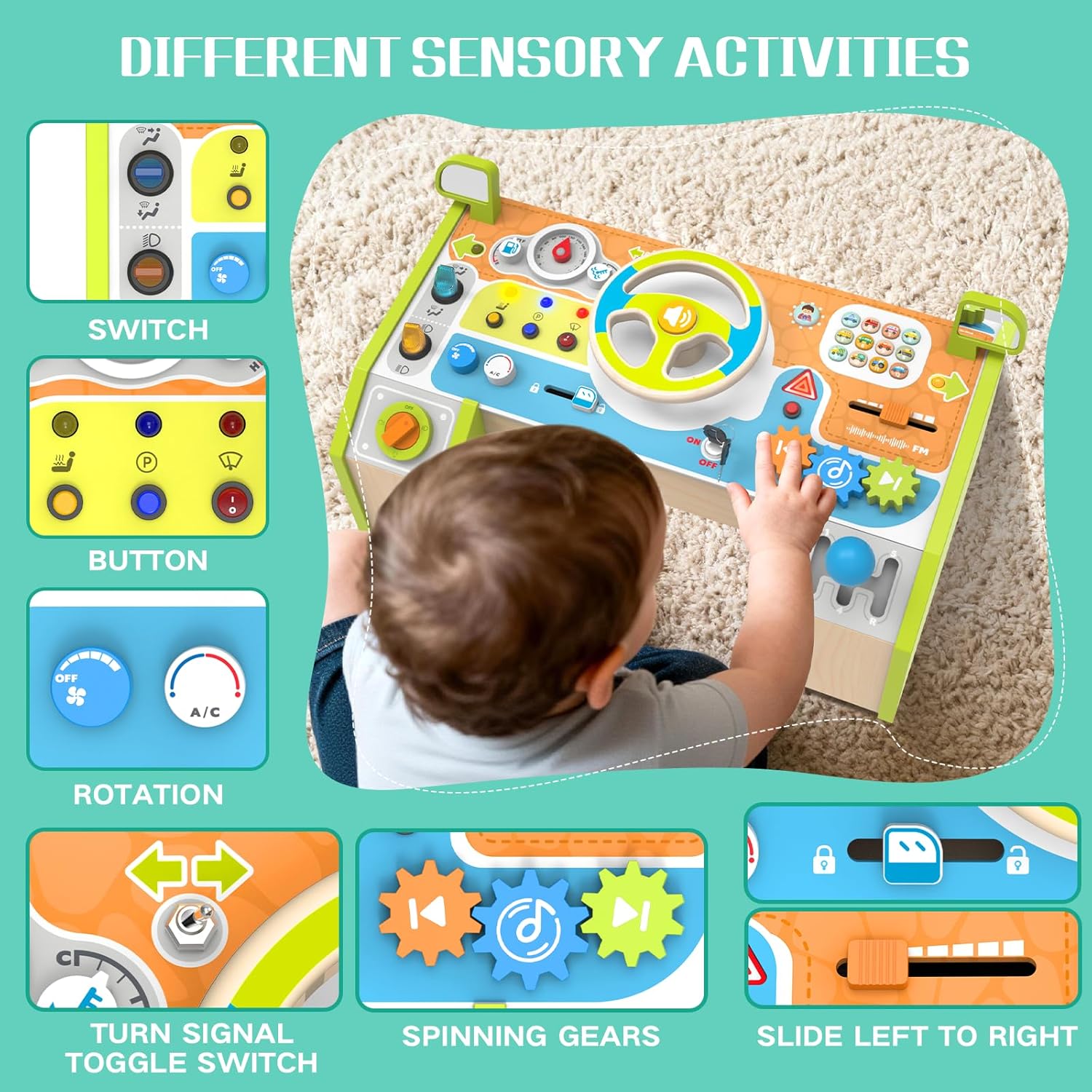 Montessori Busy Board Car Steering Wheel Toy for Toddlers 1-3, Wooden Sensory Activity Board with Light Sound, Educational Toys for Fine Motor Skills, Birthday Gift for Boys Girls