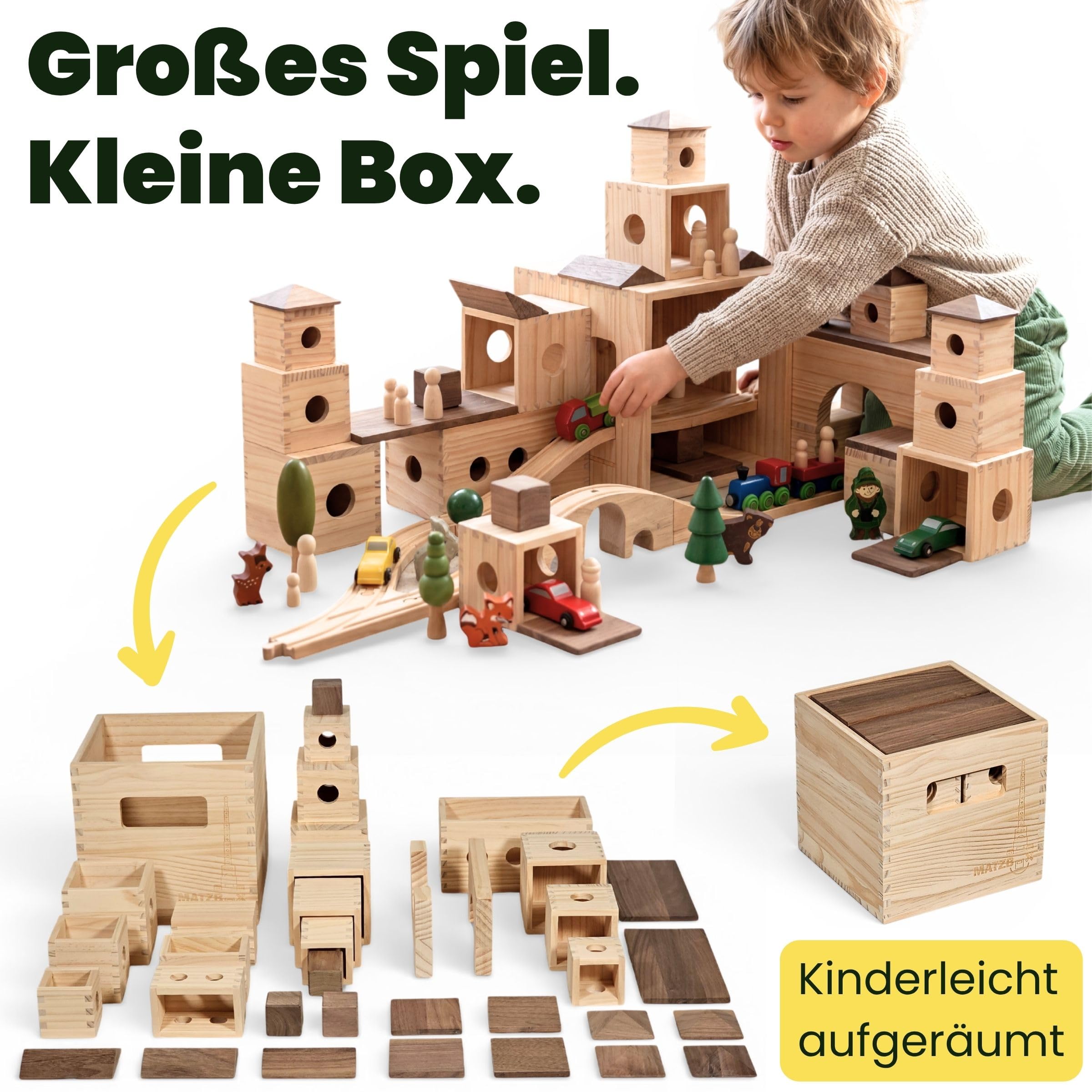 MATZBOX Montessori Kreativspielzeug aus Holzbausteinen – ausgezeichnetes Premium Spielzeug von 1 bis 7 Jahren – vielseitige Bauklötze & Boxen für freies, langanhaltendes Spielen, nachhaltiges Geschenk