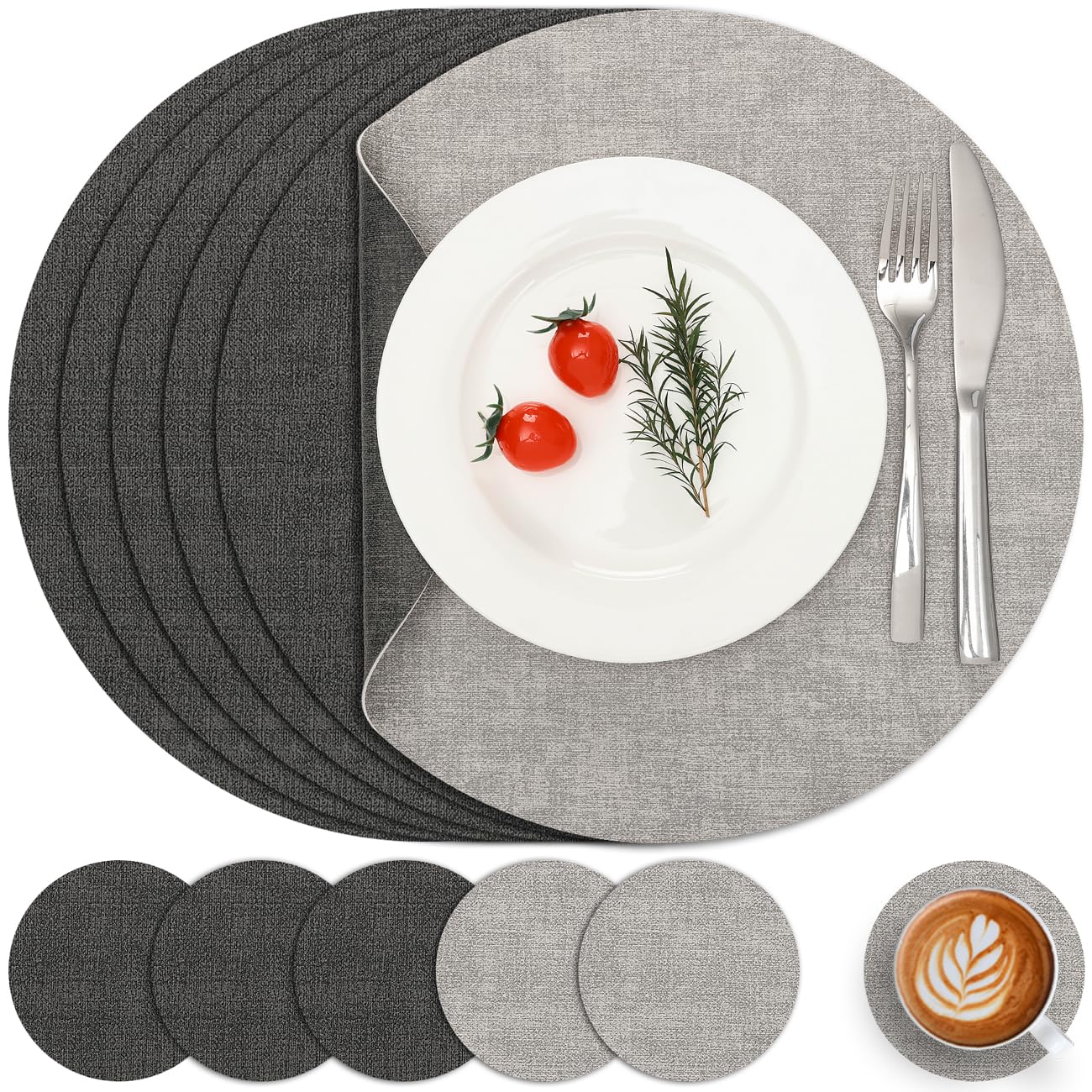 Myir JUN Tischsets Abwaschbar Leder und Untersetzer, Doppelseitigen Platzset Rund Ø 36cm 4er Set rutschfest Glasuntersetzer Platzdeckchen Leder Kunstleder Tischset