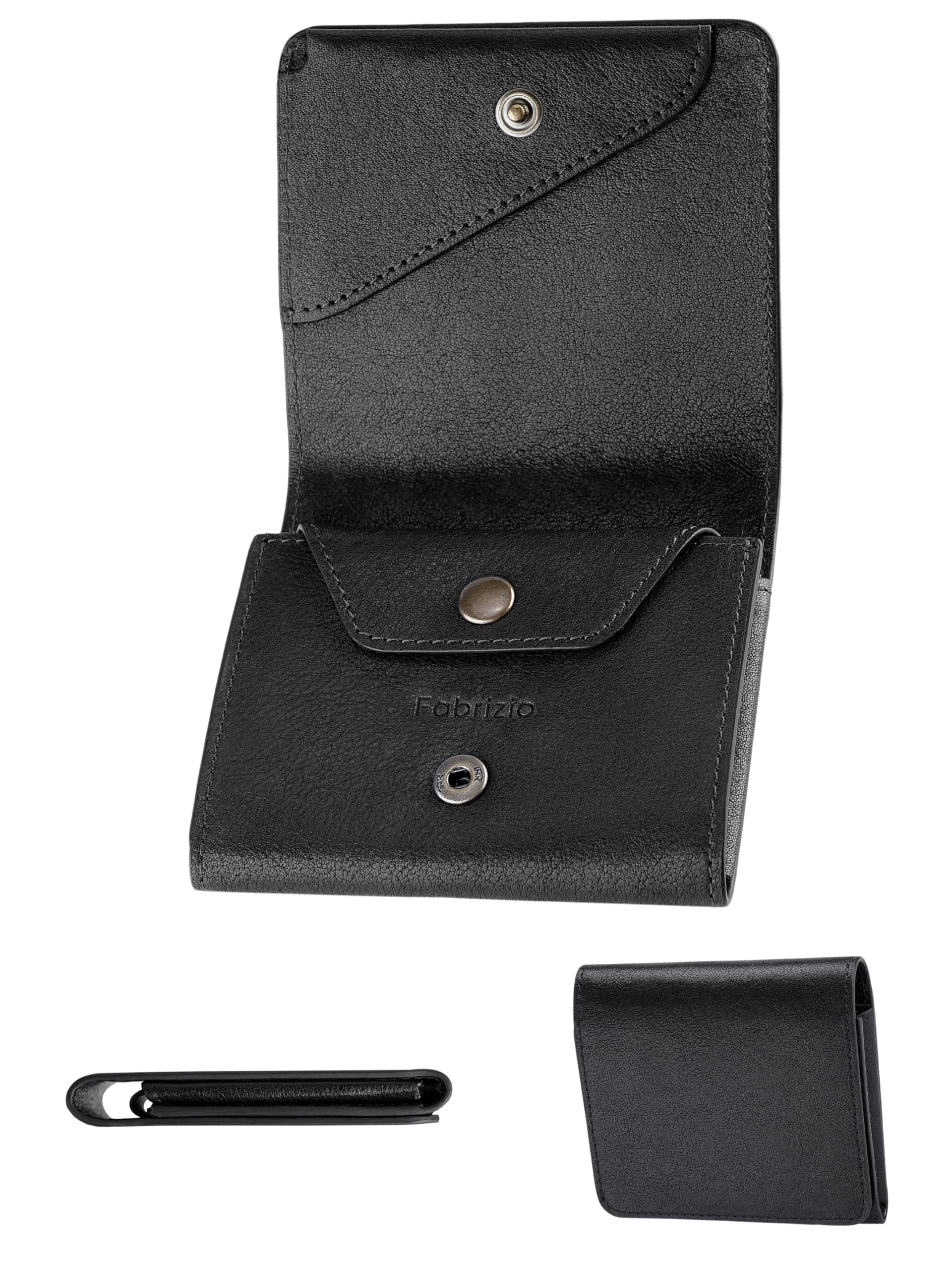 Fabriczio Wallet, Men's, Women's, Bifold Coin Purse, Mini Wallet, Small, Thin, Compact, Soft, Easy to Use, Italian Leather, Made by Top Leather Craftsmen, Genuine Leather (Black) : Clothing, Shoes & J