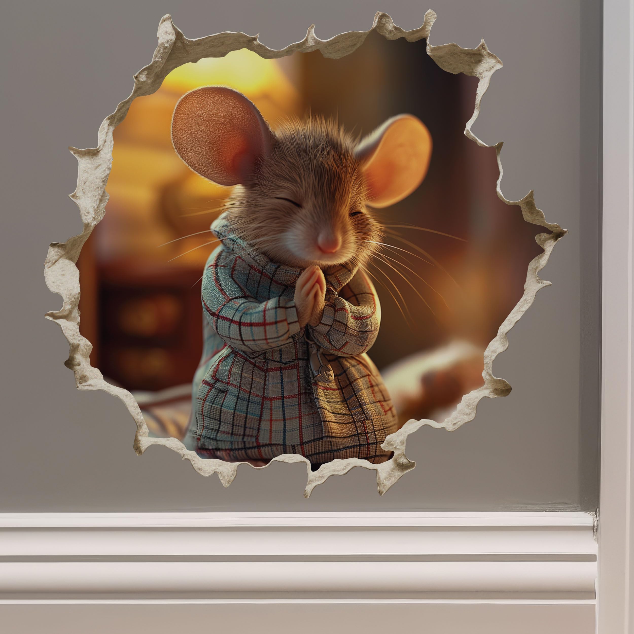Praying Mouse Wall Hole Sticker - Faith - Religious - God - Hope - Spiritual - Sympathy - Church Mouse 3D Wall Sticker
