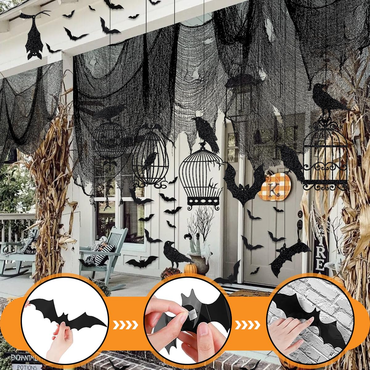 12 Decorazioni Da Appendere Per Halloween - Pipistrelli, Fantasmi E Ragnatele In Carta Glitterata Nera, A Spirale, Per Soffitti E Pareti - 2