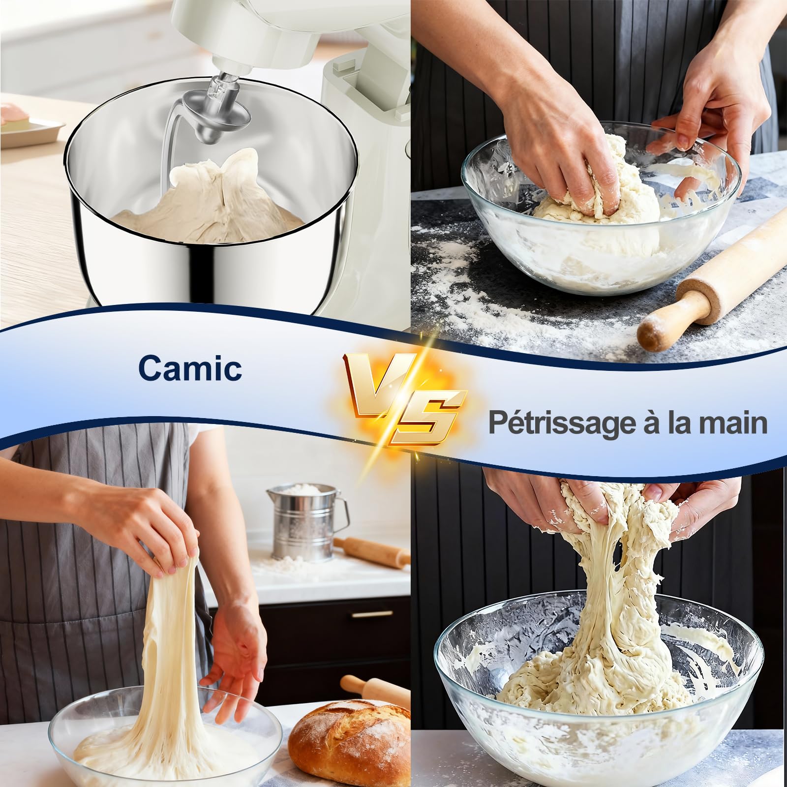 Camic Robot Pâtissier avec 3 Accessoires (Pétrissage, Mélange, Fouet), Robot Patissier avec écran LED, Minuterie, 10 Vitesses, 2 Bols en Acier Inoxydable (4 L + 5 L), pour Pâte, Pain, Pizza, Pâteaux