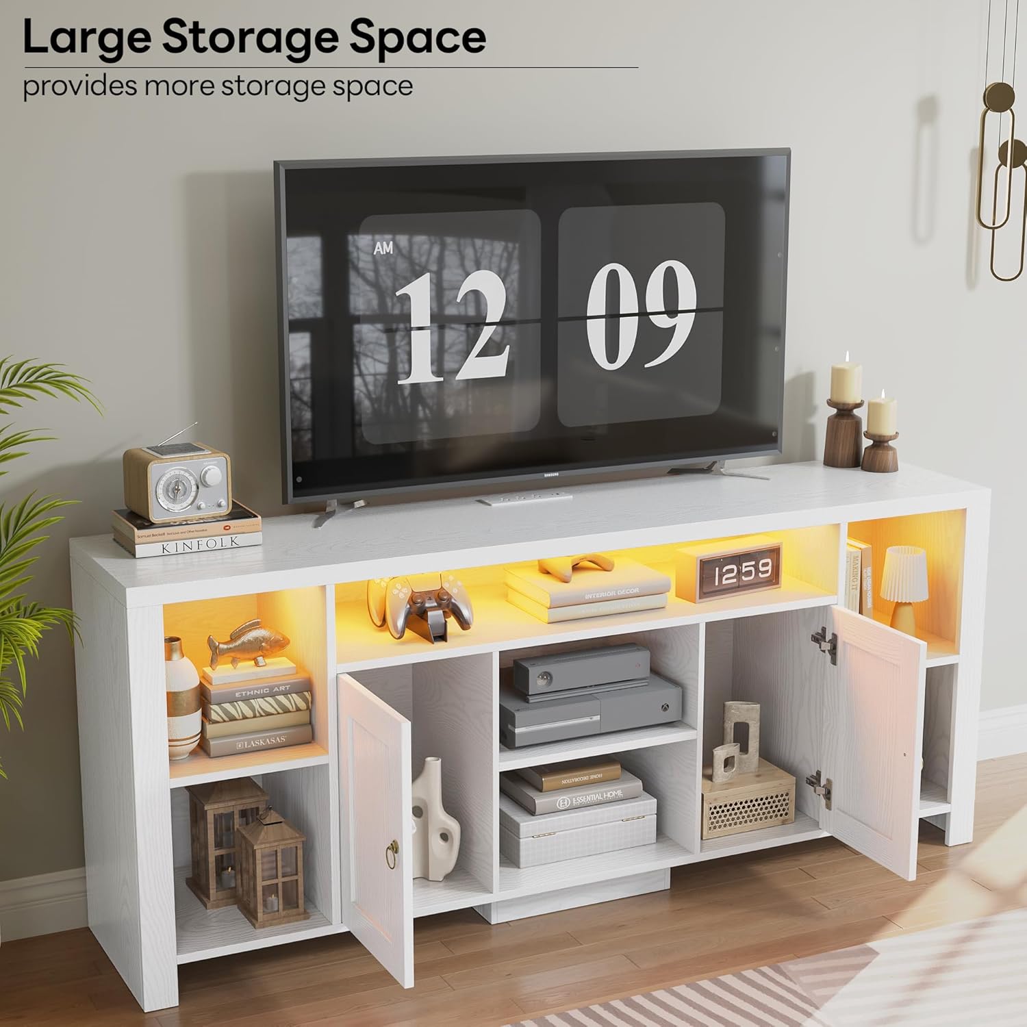 LIKIMIO TV Stand for TVs 80 inch with LED Lights & Power Outlet, Entertainment Center with Cabinets, Adjustable Shelves and Open Shelves, Modern Media TV Console Living Room, White - Image 4