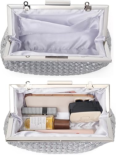 Miniatura 6 de Bolso de mano tejido para mujer con cadena desmontable, elegante bolso de noche para fiestas, bodas y cócteles Plateado