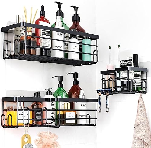 Uamector - Organizador de estante para ducha, paquete de 3 estantes adhesivos de acero inoxidable inoxidables, con 17 ganchos para ducha interior,