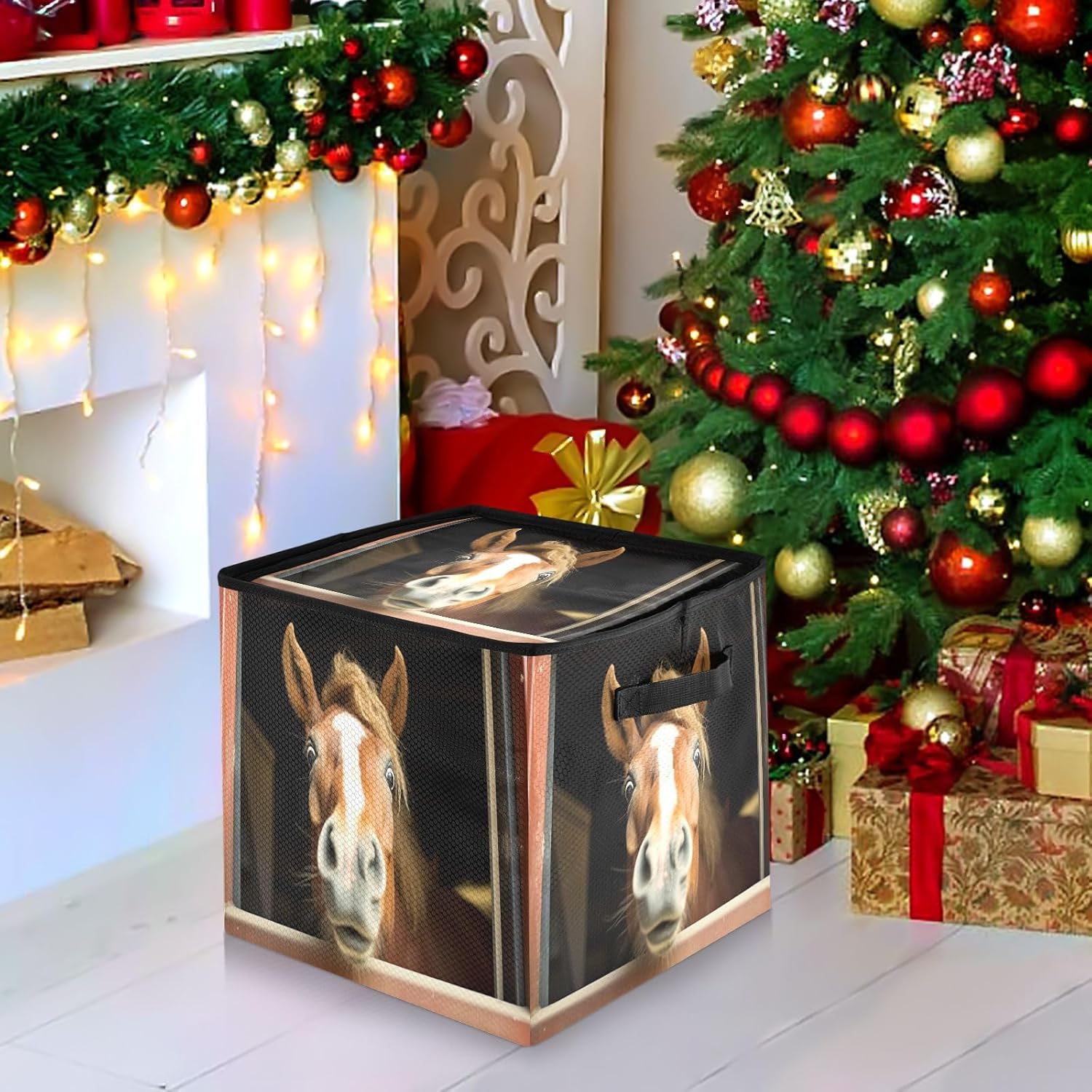 Funny Horse 13 Inch Christmas Ornament Storage Box with Lid - Holiday Decor Storage Containers, Stores 64 Ornaments, 3 Inch Cube Compartments
