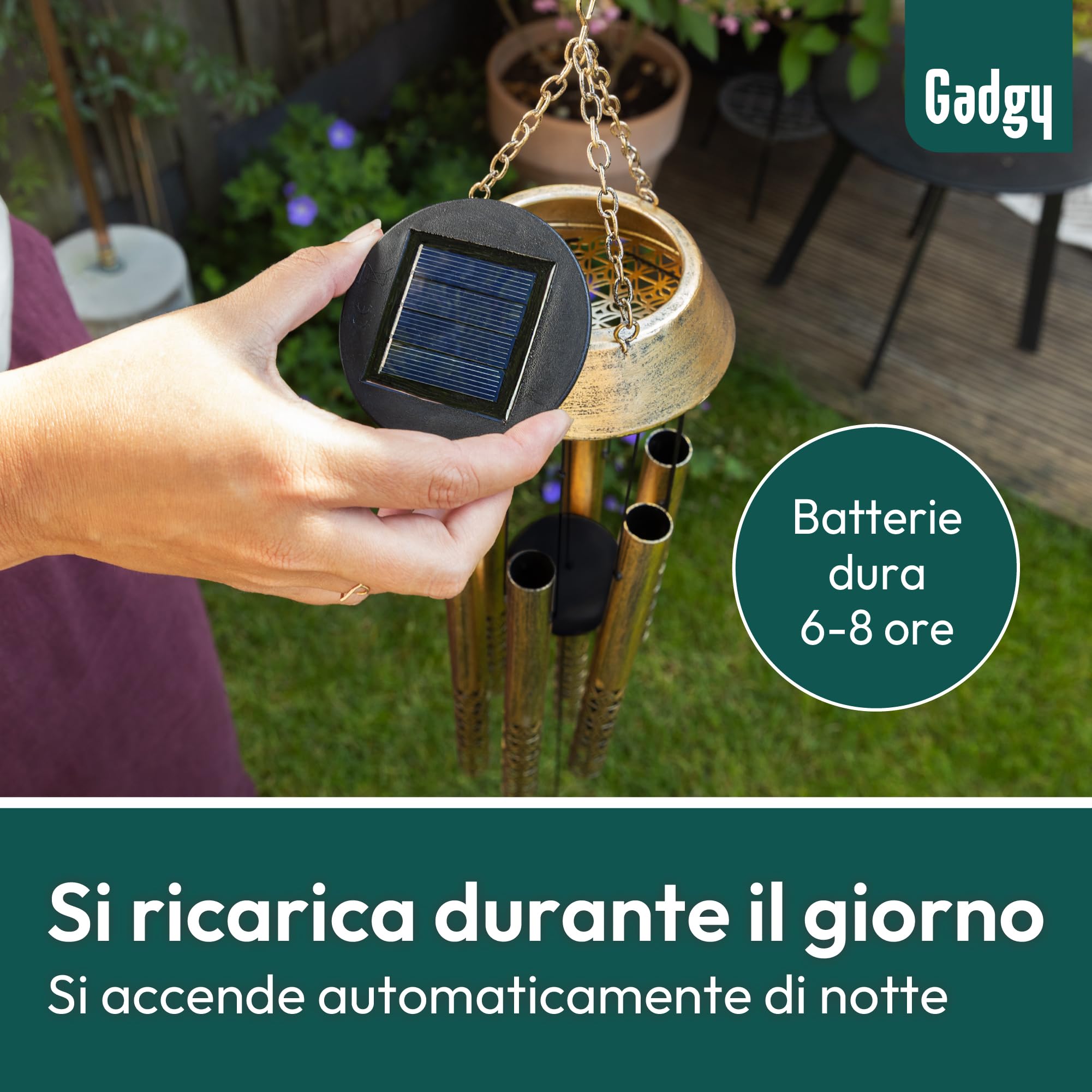 Gadgy Scacciapensieri Solare con LED – Campanella a Vento da Esterno in Alluminio & Legno – Decorazione da Giardino, Balcone & Terrazza Resistente alle Intemperie