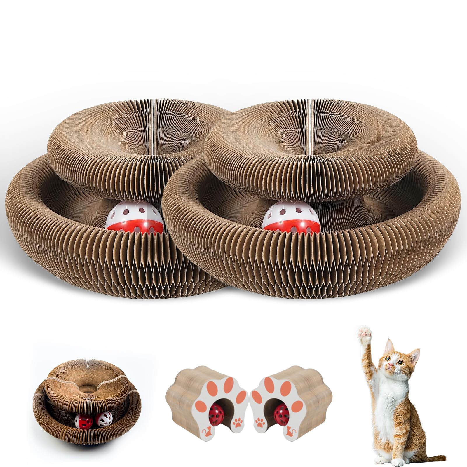 ZHIYUEJING 2pcs Kitty Kurlz Cat Toy - Foldable Accordion Cat Scratching Board with Bell Ball - Interactive Cardboard Scratcher cat Toys for Engaging Play