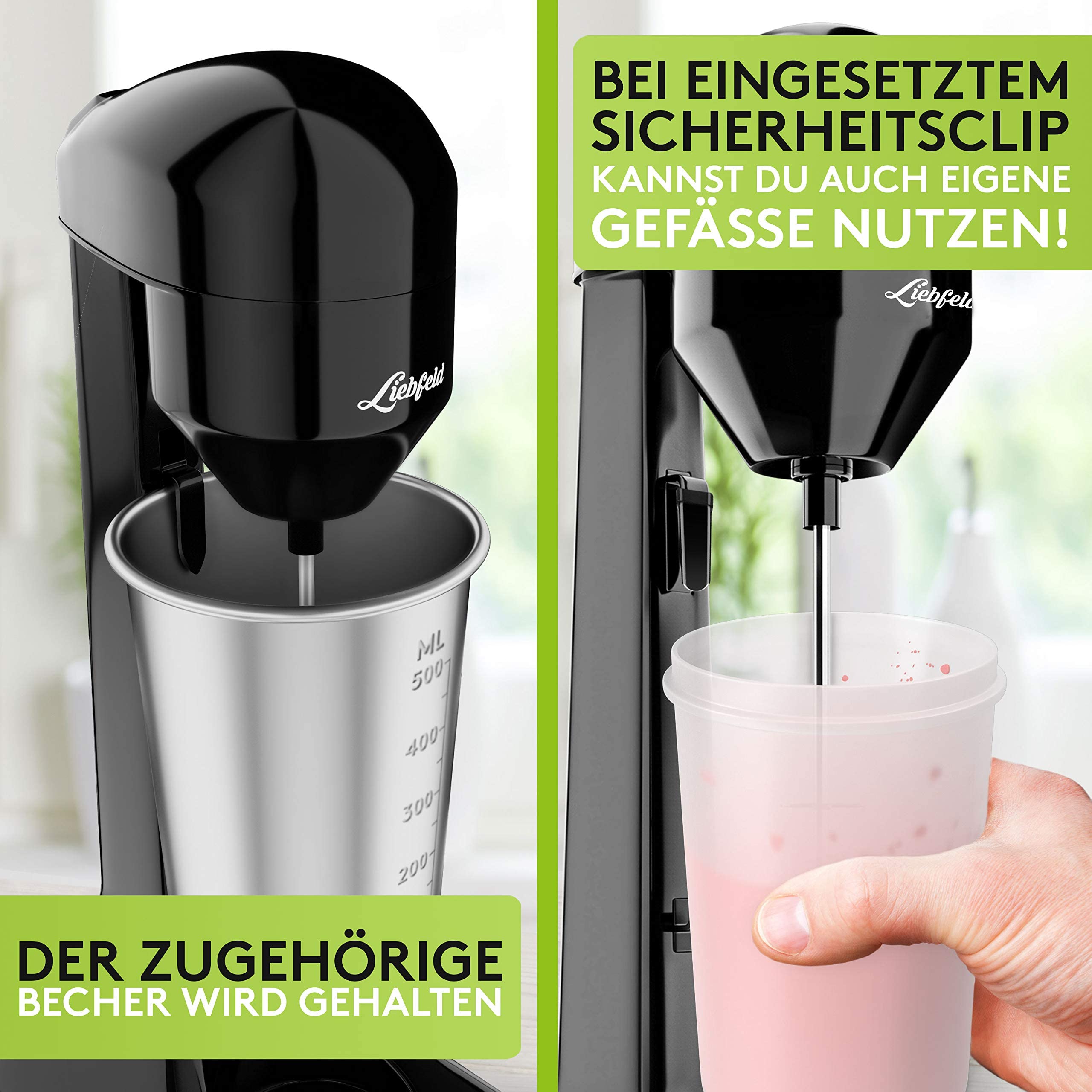 Liebfeld Protein Shaker Elektrisch - Stabmixer mit 500ml Edelstahl Becher | Proteinshake & Milch Shake Mixer, Fitness Shaker, Eiweiß Shaker, Frappe Mixer, Smoothie Maker 100W Power