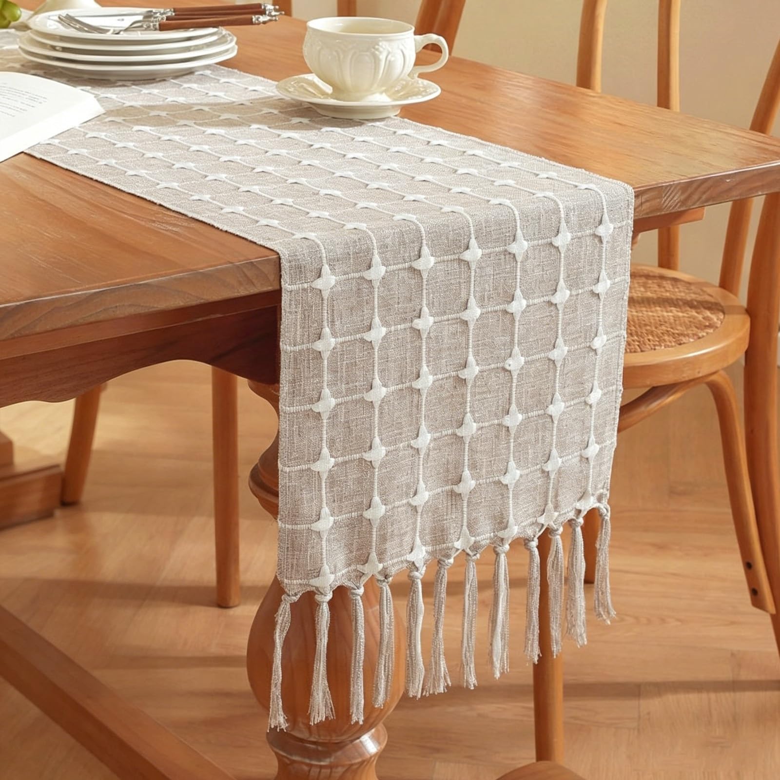 Cotton-Linen Blend Grid Plaid Table Runner With Hand-Torn Tassels,Fresh Home Decor Table Runner, for Dining, Coffee, Sideboards & Storage Cabinets(Light Coffee,160cm/62.9in)