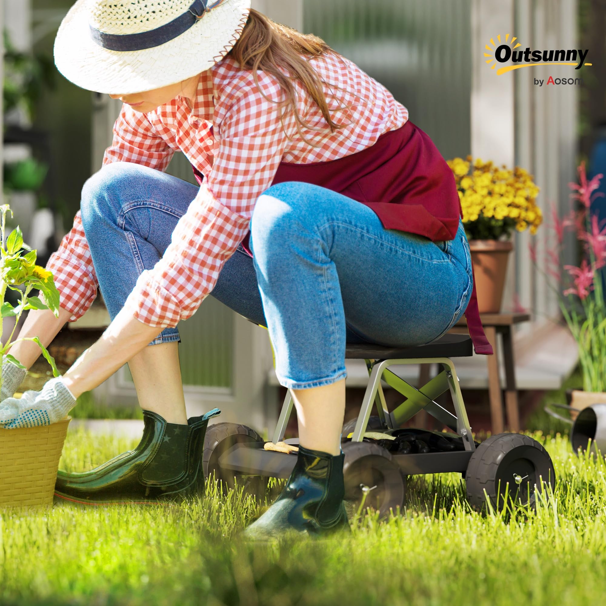 Outsunny Asiento de Jardín con Ruedas Taburete de Jardinería con Bandeja de Herramientas Carrito para Trabajo Carga 130 kg para Patio Exterior Negro