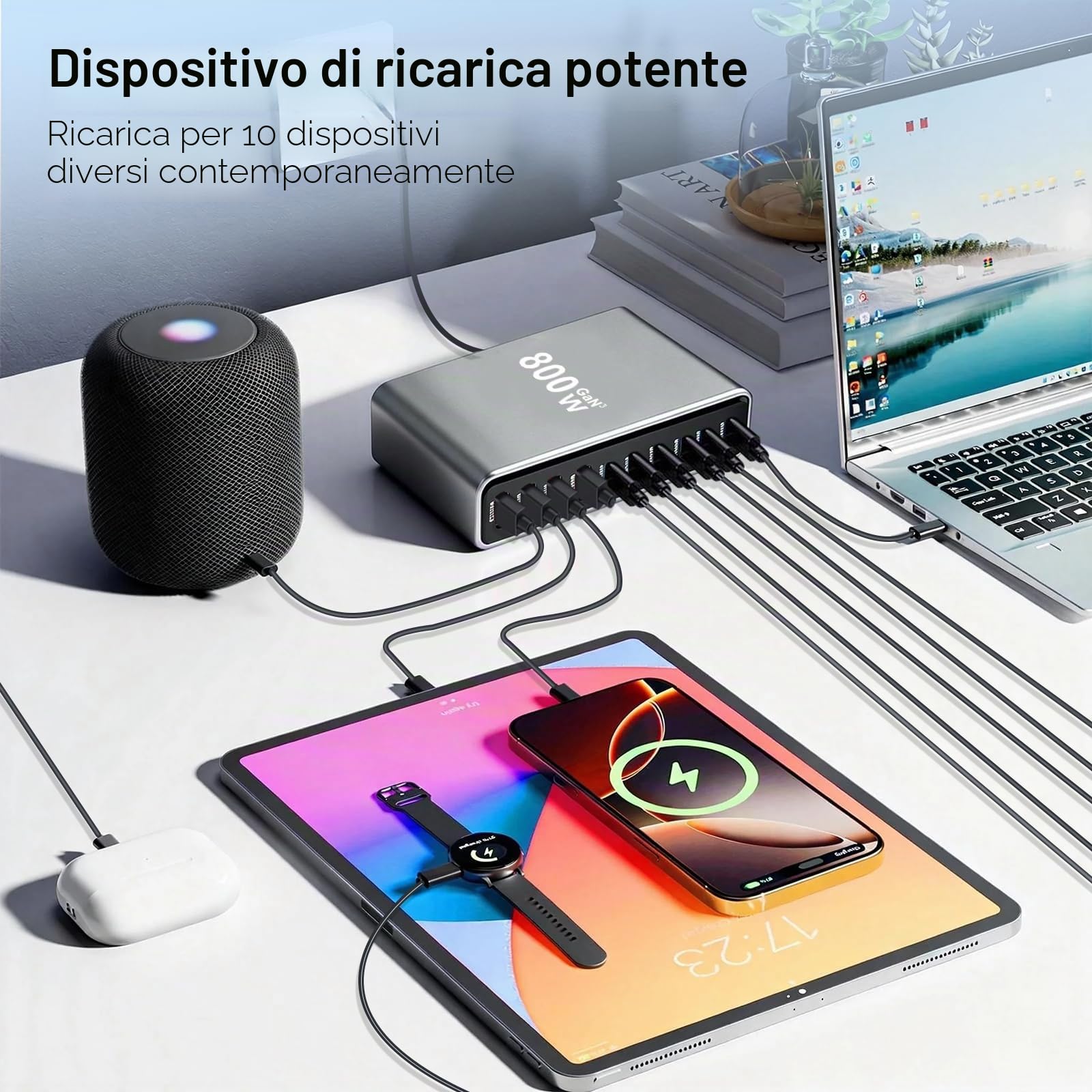 800W Stazione di Ricarica USB, Caricatore USB Multiplo PD per dispositivi da 140 W 100W e 65W, Caricabatterie Multiplo con 10 porte compatibile con MacBook, iPad, iPhone 16/15/14, DELL, HP