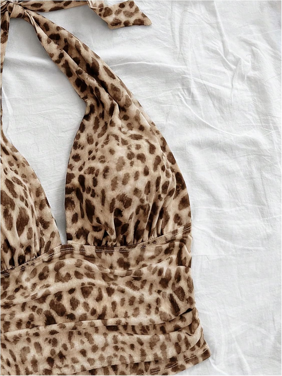 SweatyRocks Women's Summer Open Back Cheetah Print Ruched Going Out Fitted Halter Tanks Crop Top - Image 4