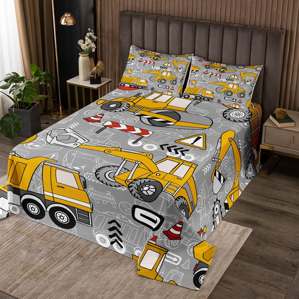 Erosebridal Boys Cartoon Car Twin Quilt Set Kids Construction Vehicles Coverlet Set for Toddler Girls, Equipment Truck Bedding Set Machinery Tractor Bedspread Set, Yellow and Grey Bed Quilt