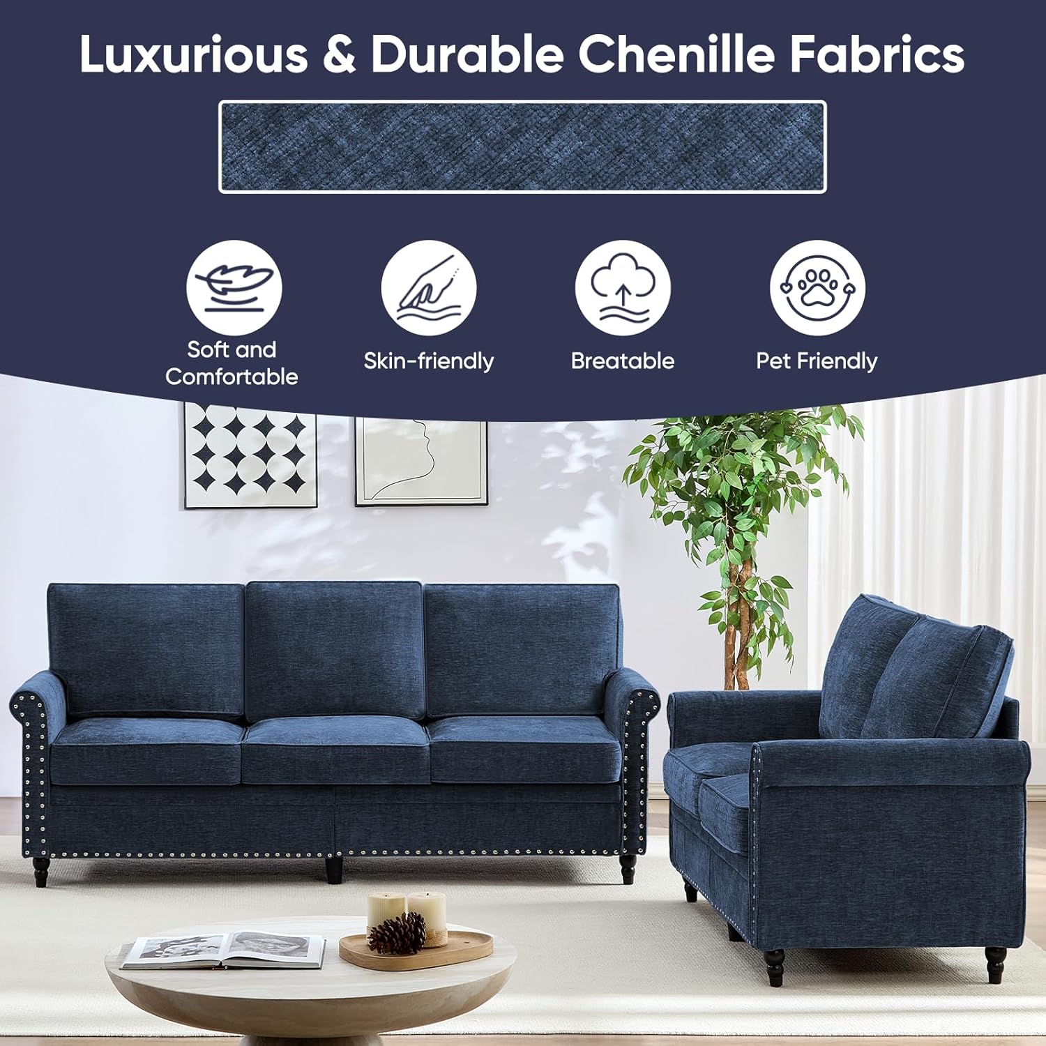 ijuicy 2 PCS Sectional Sofa Set, Modern Chenille Upholstered Couch Set with 6" Thicken Cushion & Nailhead Trim, Living Room Furniture Sets-3 Seat Sofa and Loveseat, Navy Blue