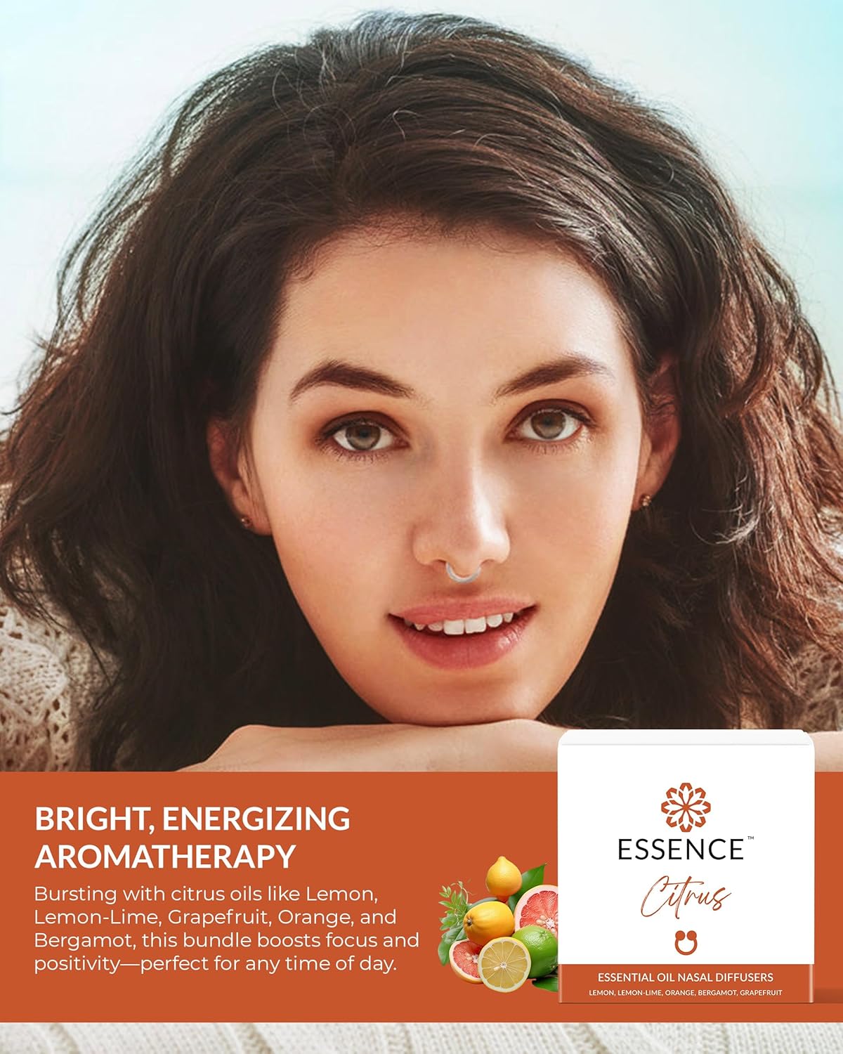 Essence Nasal Diffuser Citrus Bundle – Essential Oil Silicone Nose Rings for Mood, Energy & Positivity – Wearable Aromatherapy Pack with Lemon, Orange, Grapefruit & Bergamot