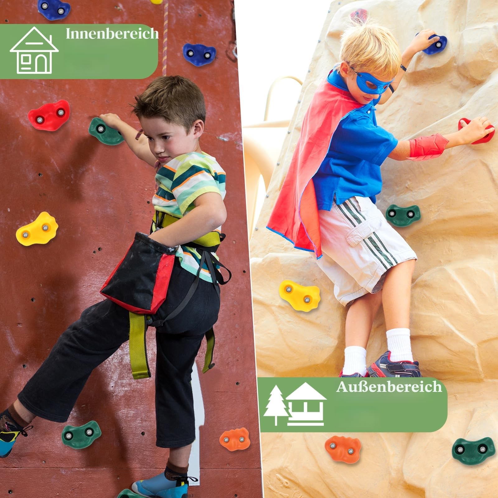 20 Stück Klettergriffe Kinder Outdoor, Klettersteine Kletterwand Griffe Für Spielturm, mit 2 Griffen und 270 cm Kletterseil, Rock Wall Climbing Holds für Spielplatz Spielset Zubehör Set
