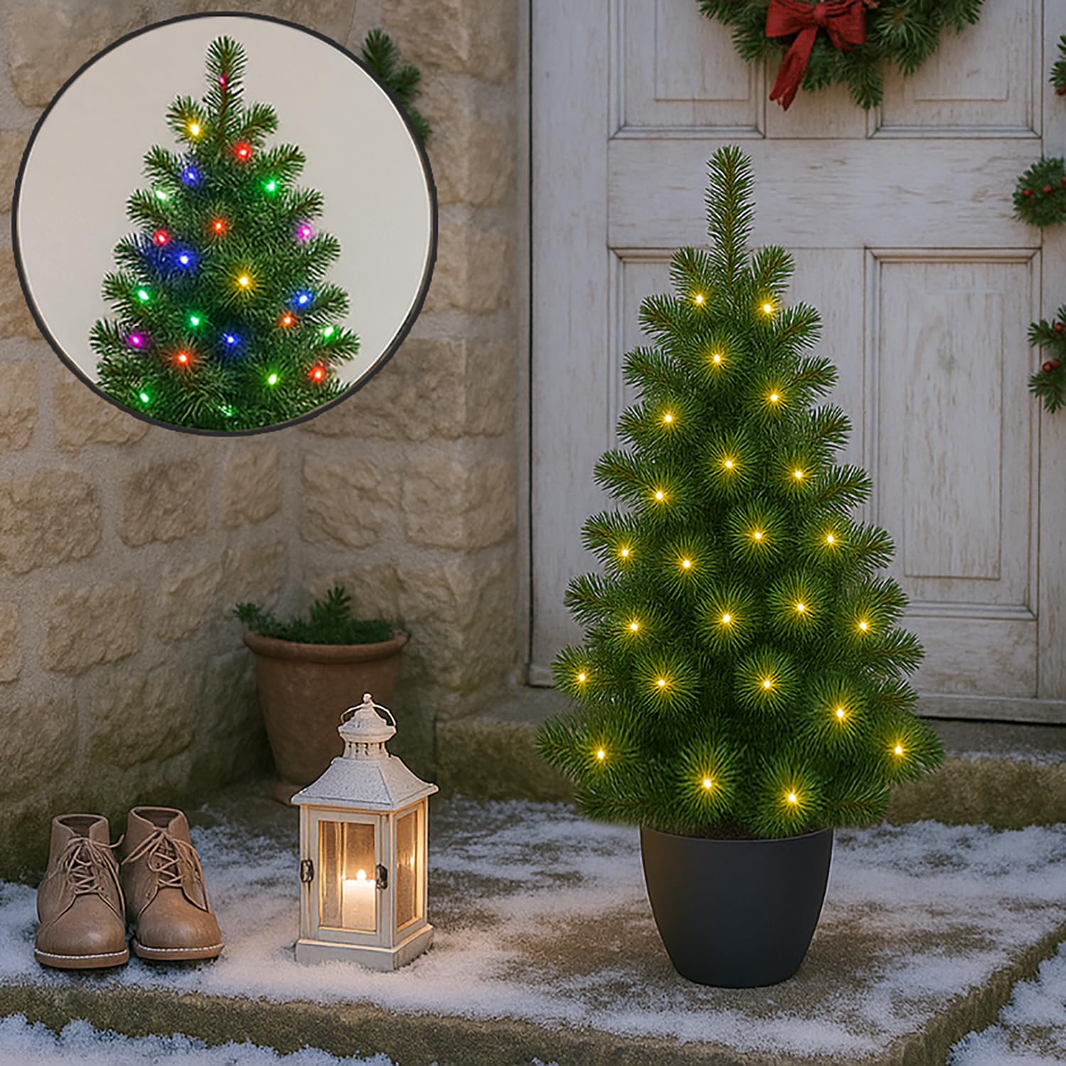 3ft Mini Doorstep Christmas Tree - Pre-Lit Artificial Xmas Tree with Polycement Pot - Indoor and Outdoor - Battery Operated LED Christmas Trees (Colour-Change, 90cm)